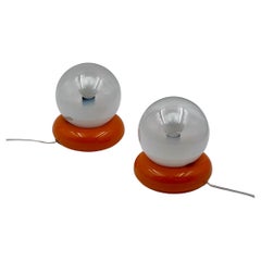 Targetti Sankey Retro Pair of Table Lamps - Orange and Glass Globes 1970s