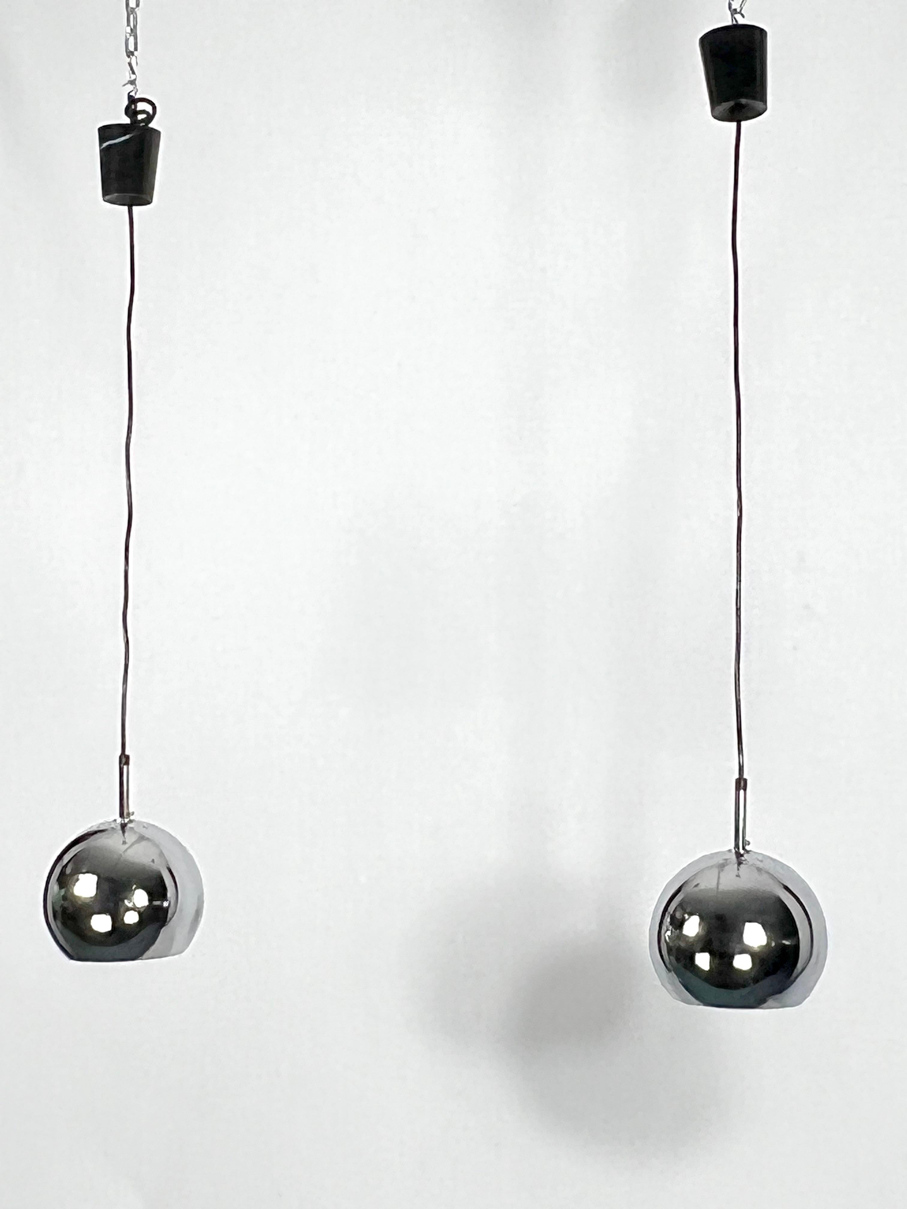 20th Century Targetti, Set of Two Chrome Sphere Pendant Lamps from 70s For Sale