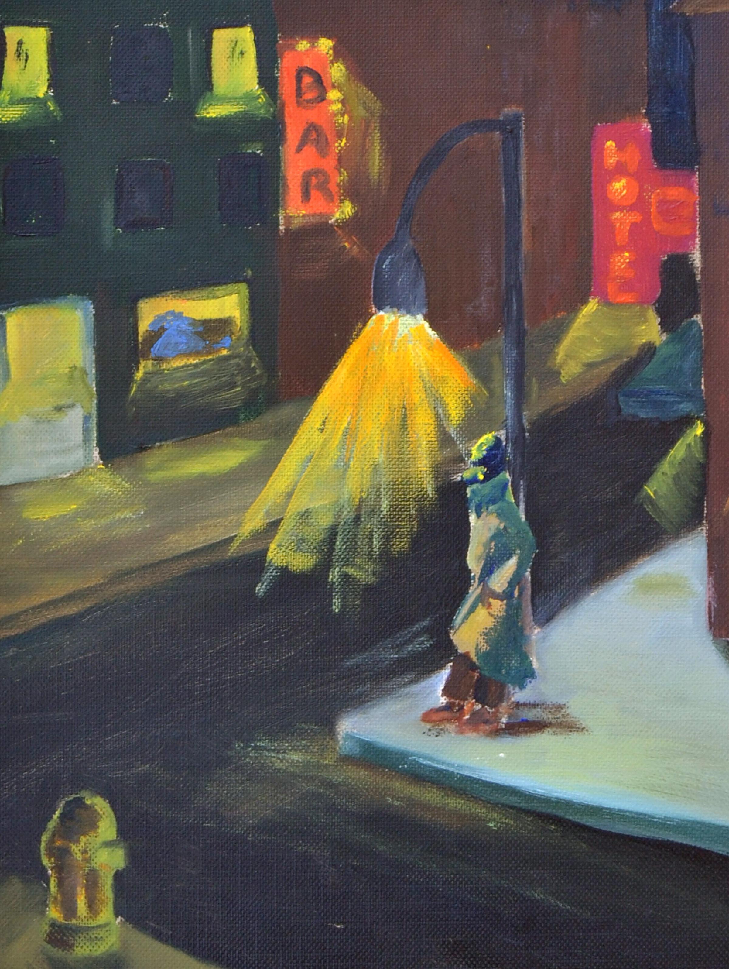 Bay Area Nocturnal Urban Landscape with Figure  - Painting by Tari Sigman Bowman