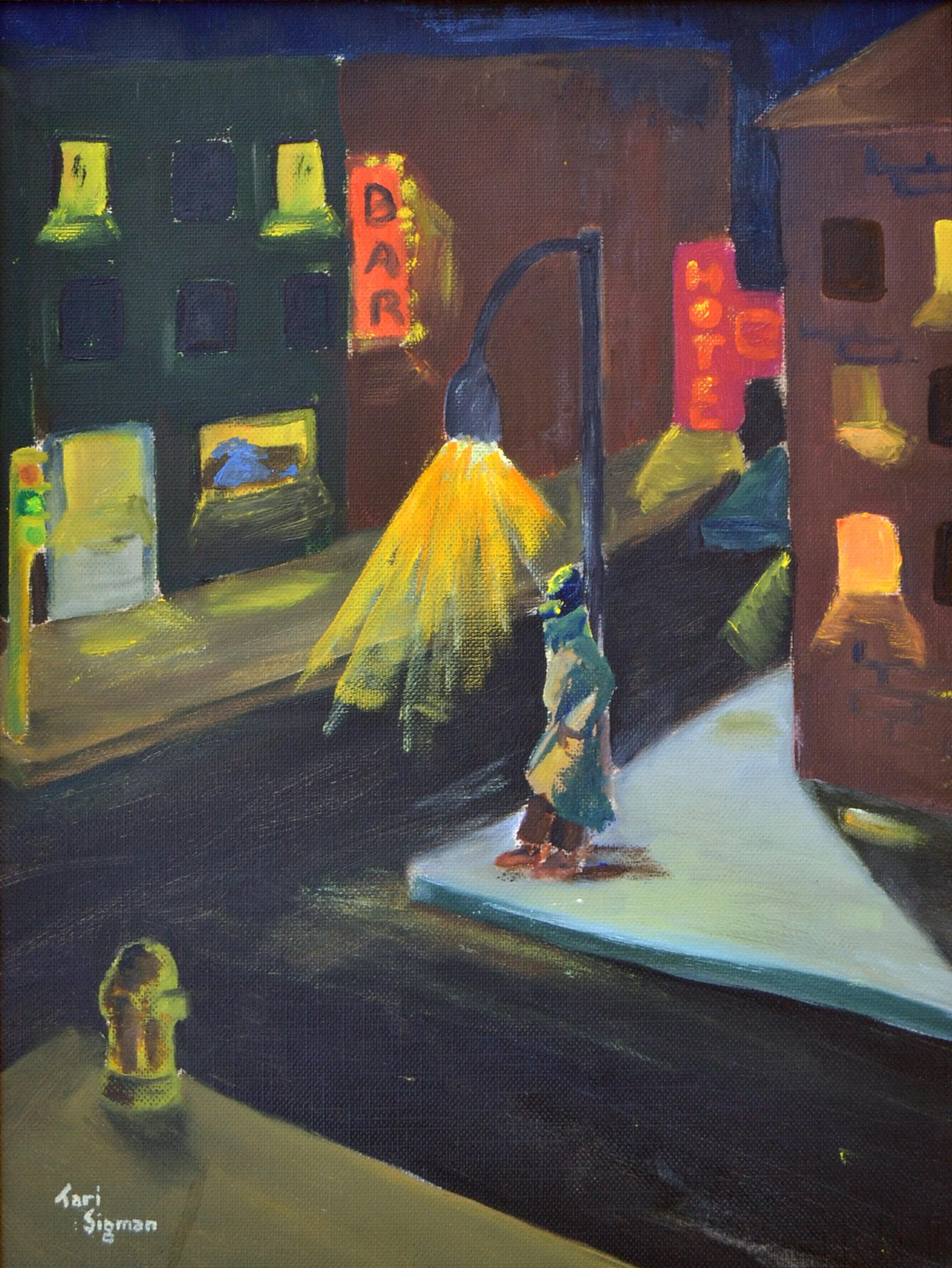 Tari Sigman Bowman Landscape Painting - Bay Area Nocturnal Urban Landscape with Figure 