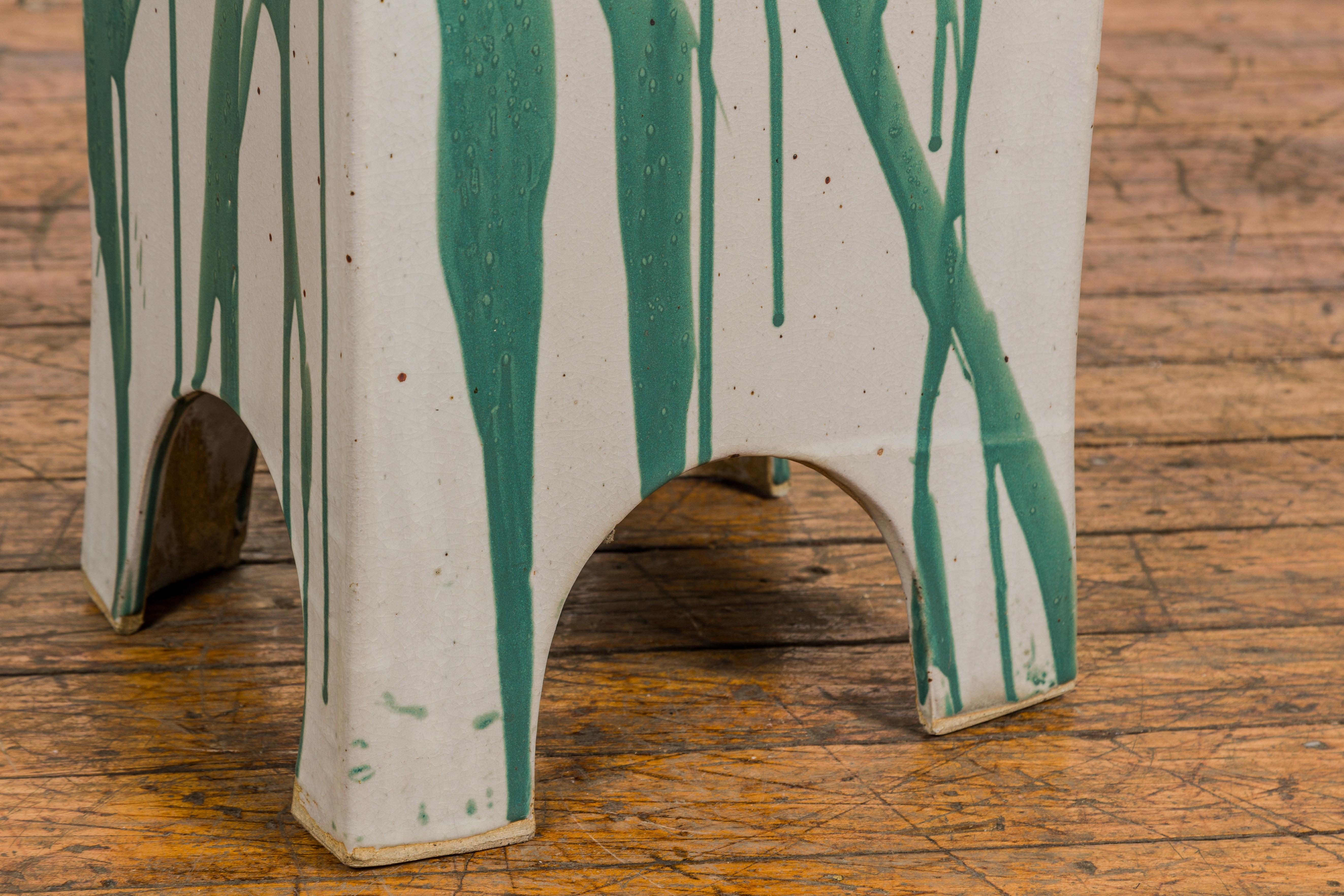 Tariki Studio Ceramic Garden Seat with Green and Light Grey Glaze 6