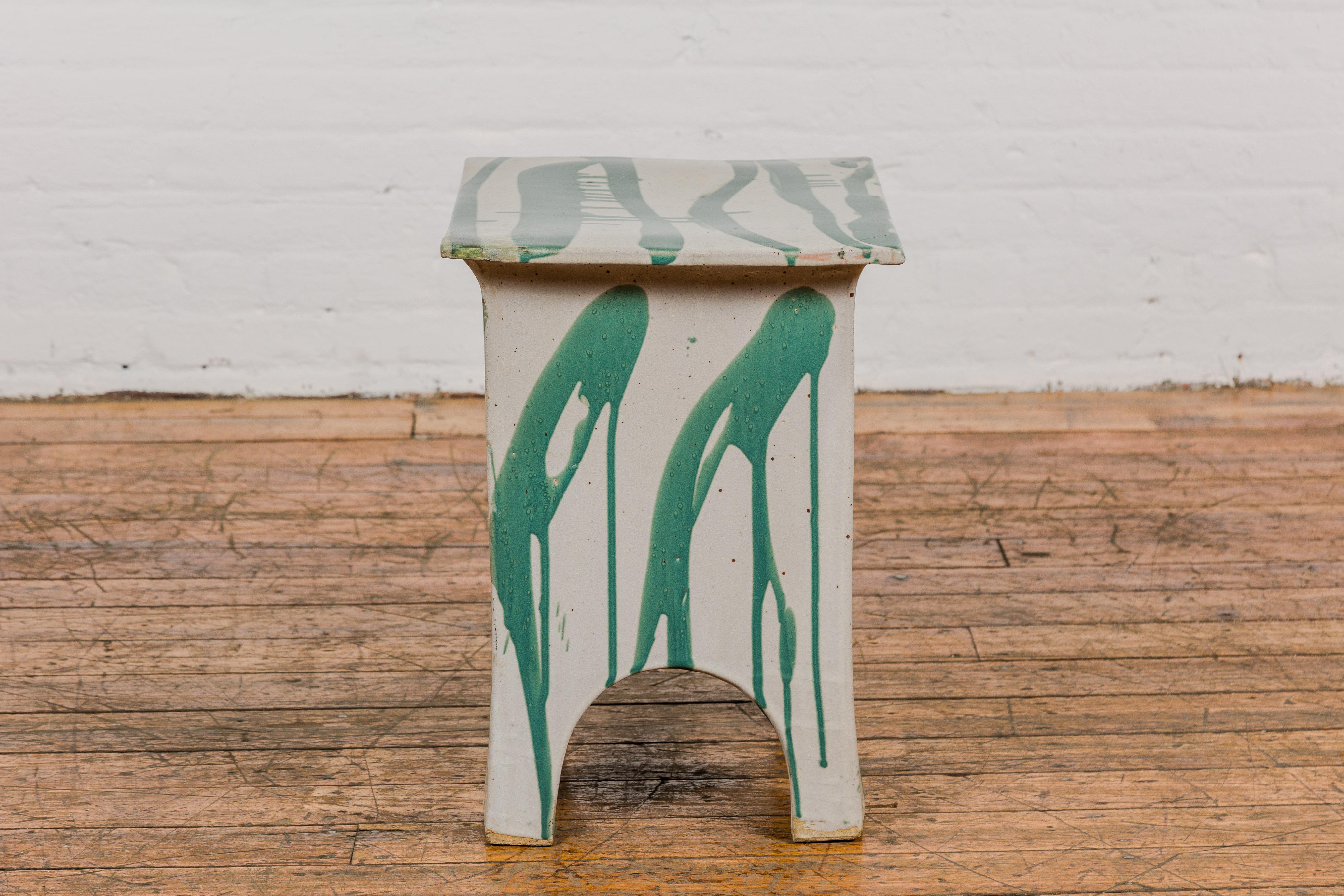 Tariki Studio Ceramic Garden Seat with Green and Light Grey Glaze 7