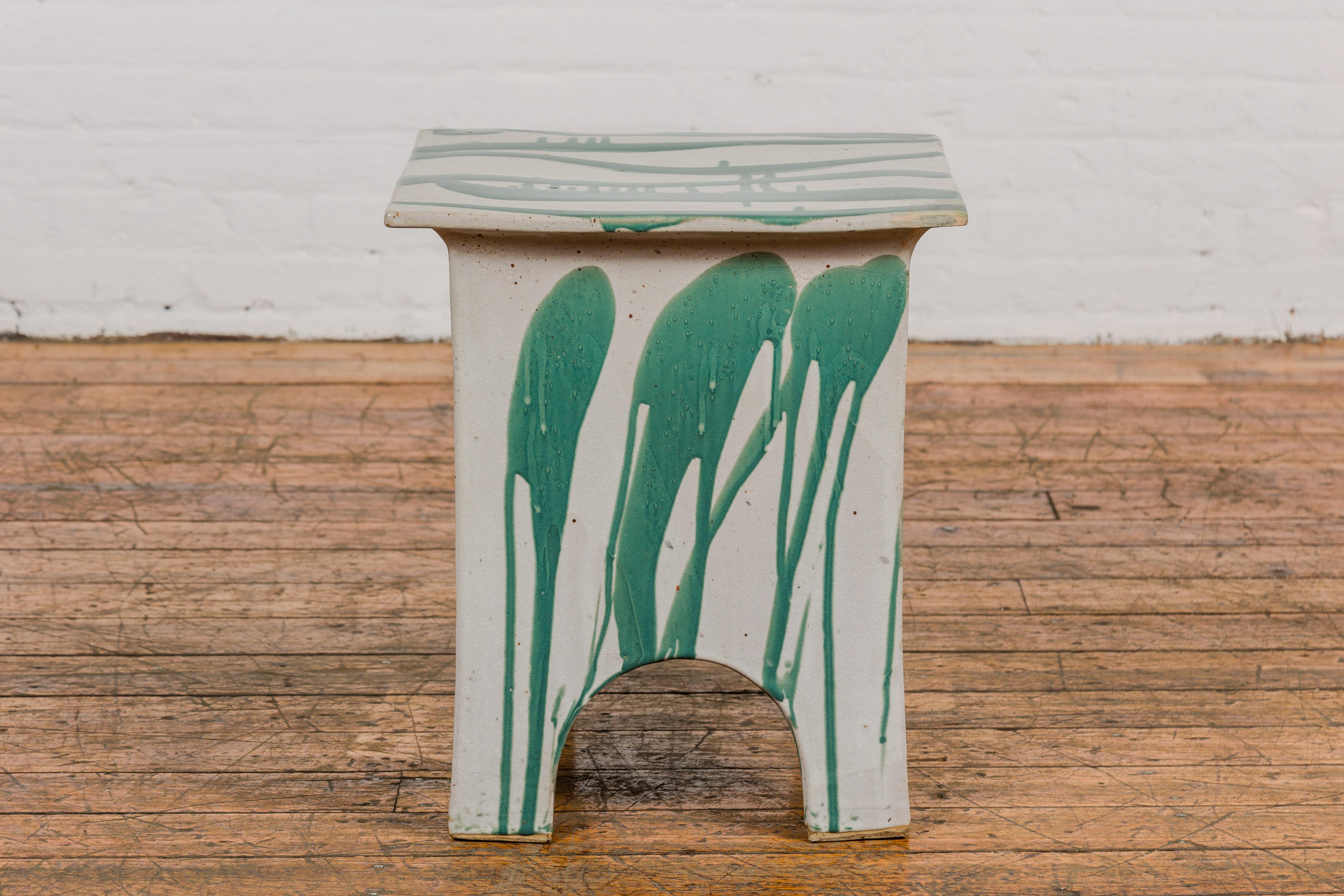 Tariki Studio Ceramic Garden Seat with Green and Light Grey Glaze 8