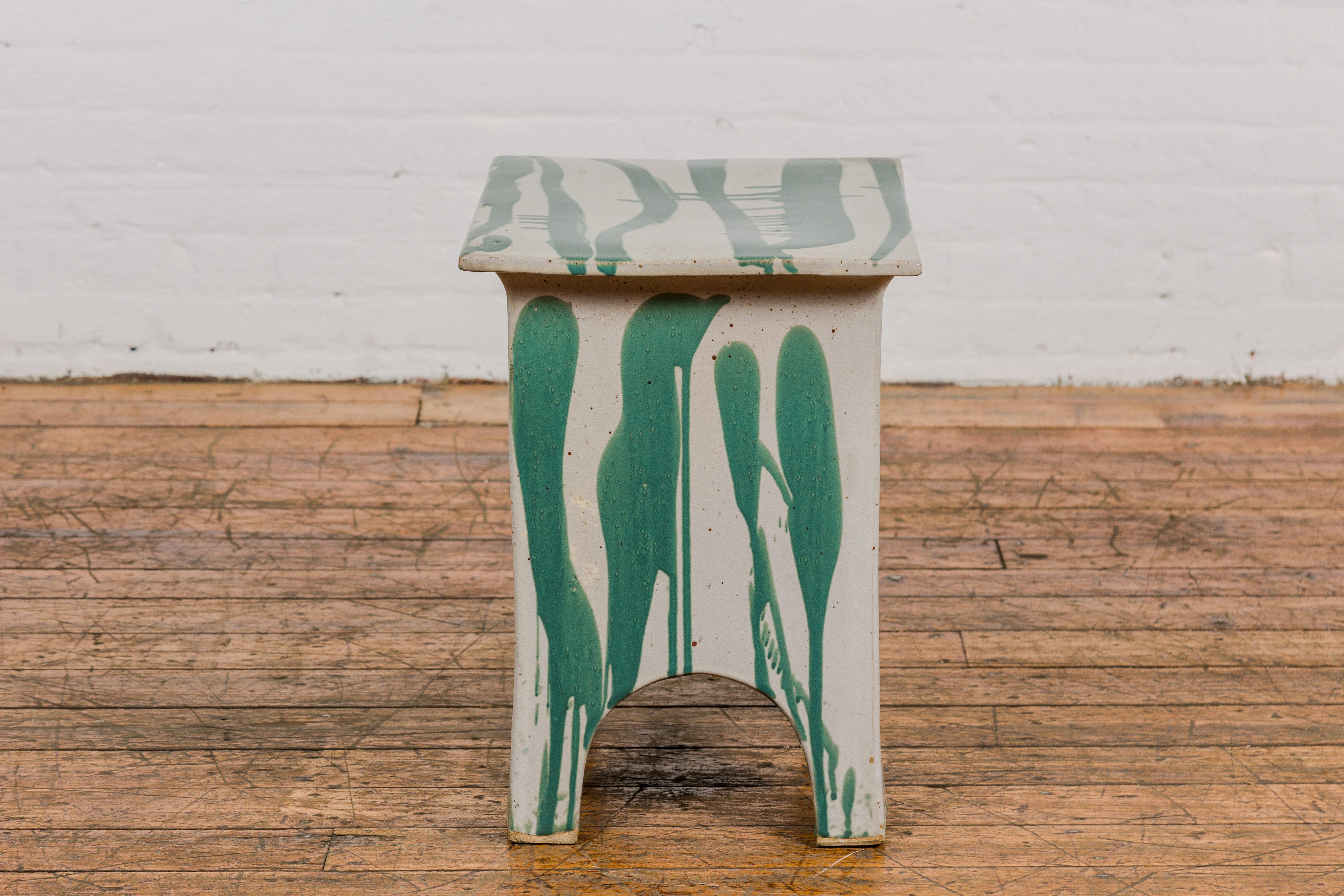 Tariki Studio Ceramic Garden Seat with Green and Light Grey Glaze 9