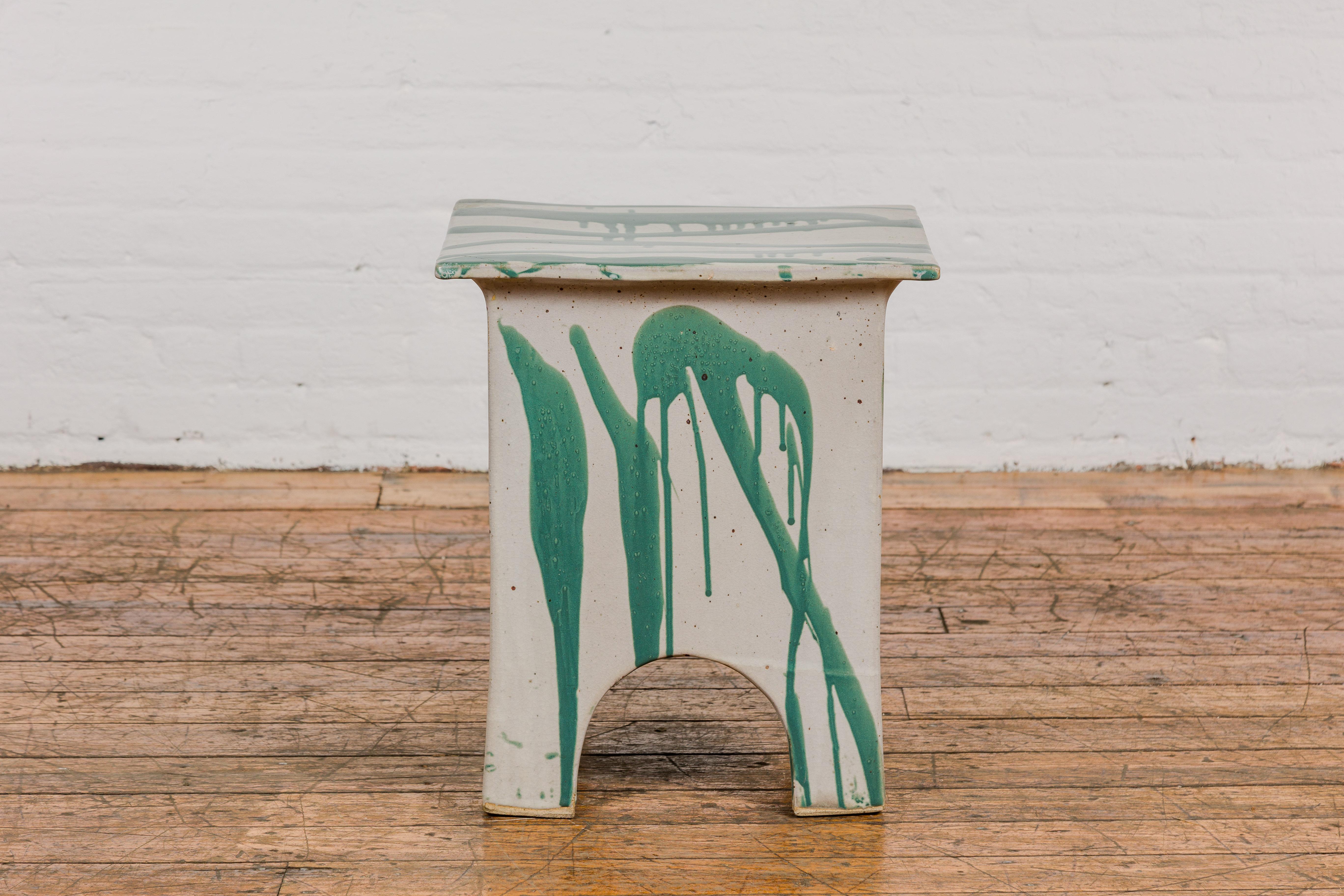 Glazed Tariki Studio Ceramic Garden Seat with Green and Light Grey Glaze