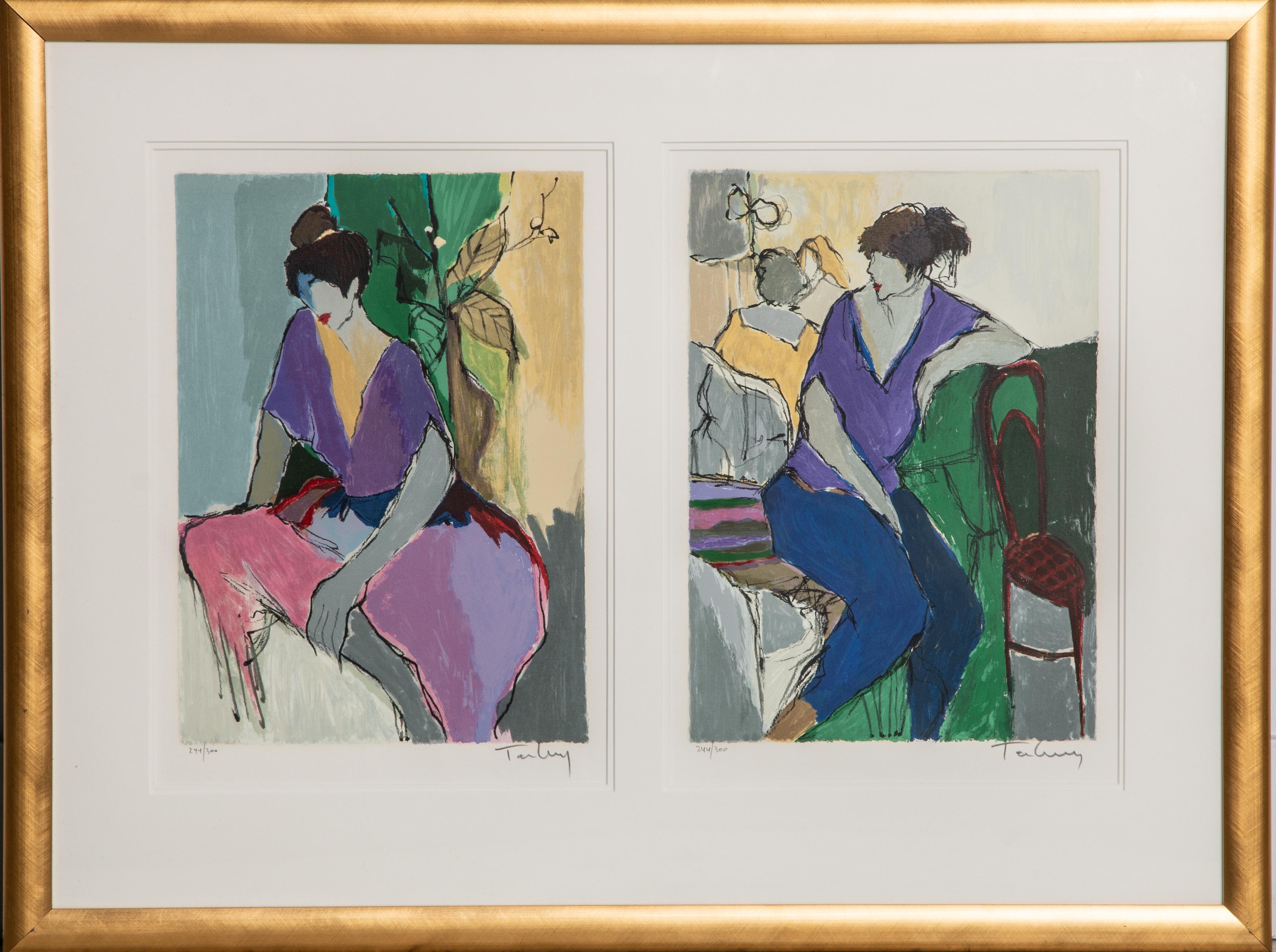 Itzchak Tarkay (Israeli, 1935-2012). Two Serigraphs 'Woman in Purple & Pink' & 'Woman in Purple & Blue'. Serigraphs framed as a diptych. Two works, each signed 'Tarkay' in pencil lower right, and numbered in pencil, 244/300, lower left. Dimensions: 