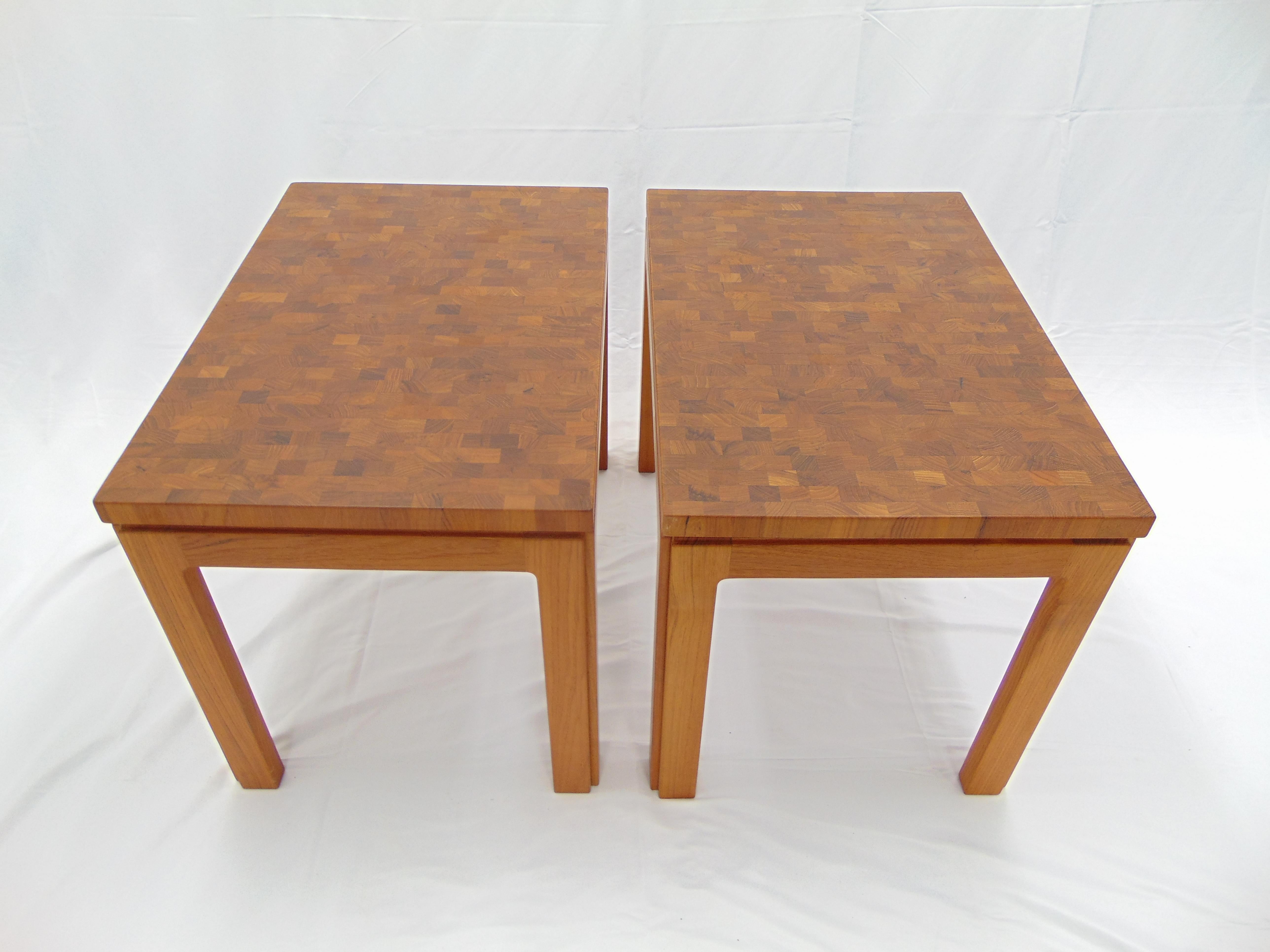 Beautiful Danish side tables by Tarm Stole. They are made of teak wood. They are in excellent condition. The dimensions are: 19” W x 28” L x 20.75” H.  Selling individually, both are available.  