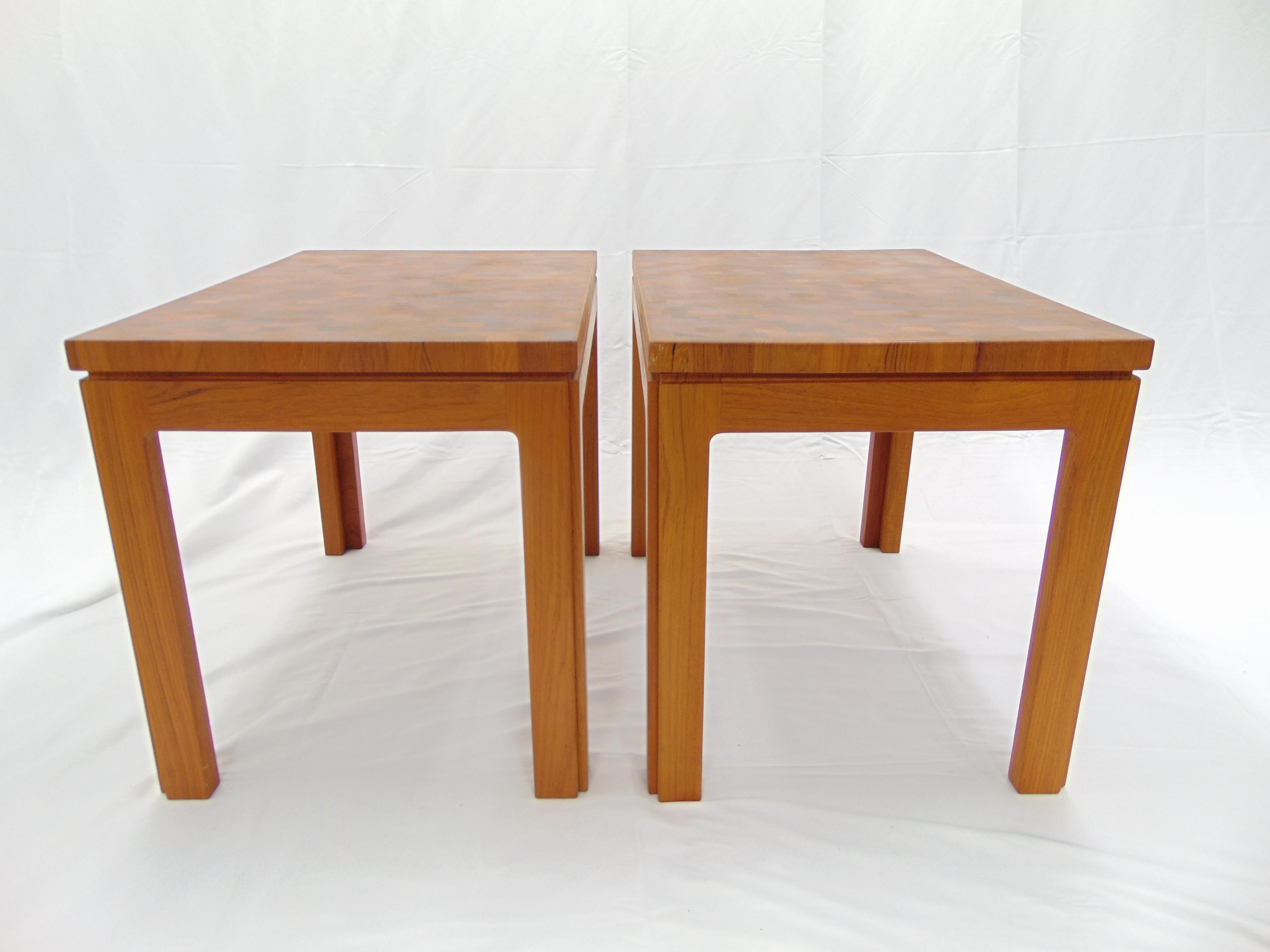 Mid-Century Modern Tarm Stole Denmark Mid Century Teak Parquetry Wood Pair of Side Table For Sale