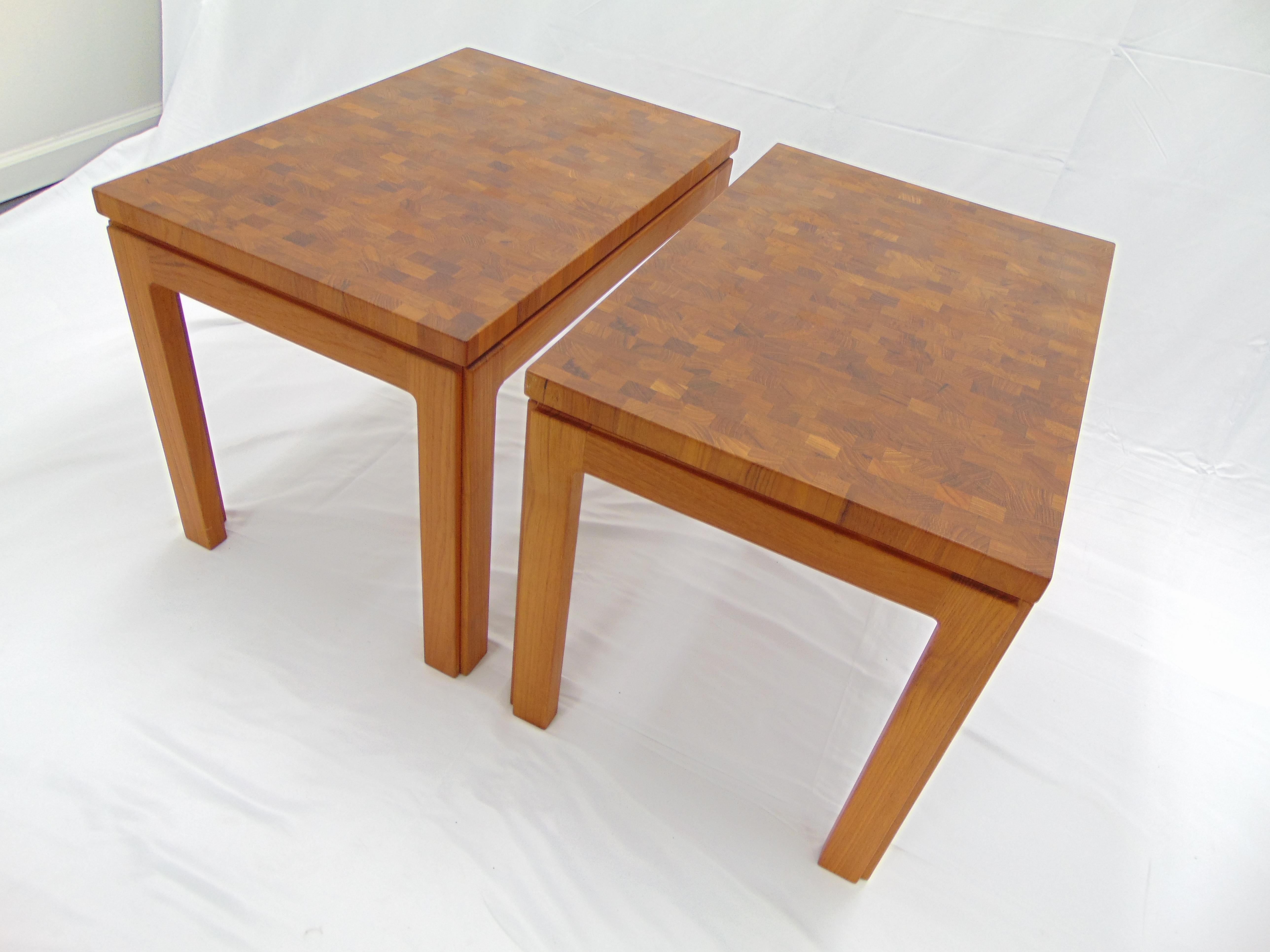 Danish Tarm Stole Denmark Mid Century Teak Parquetry Wood Pair of Side Table For Sale