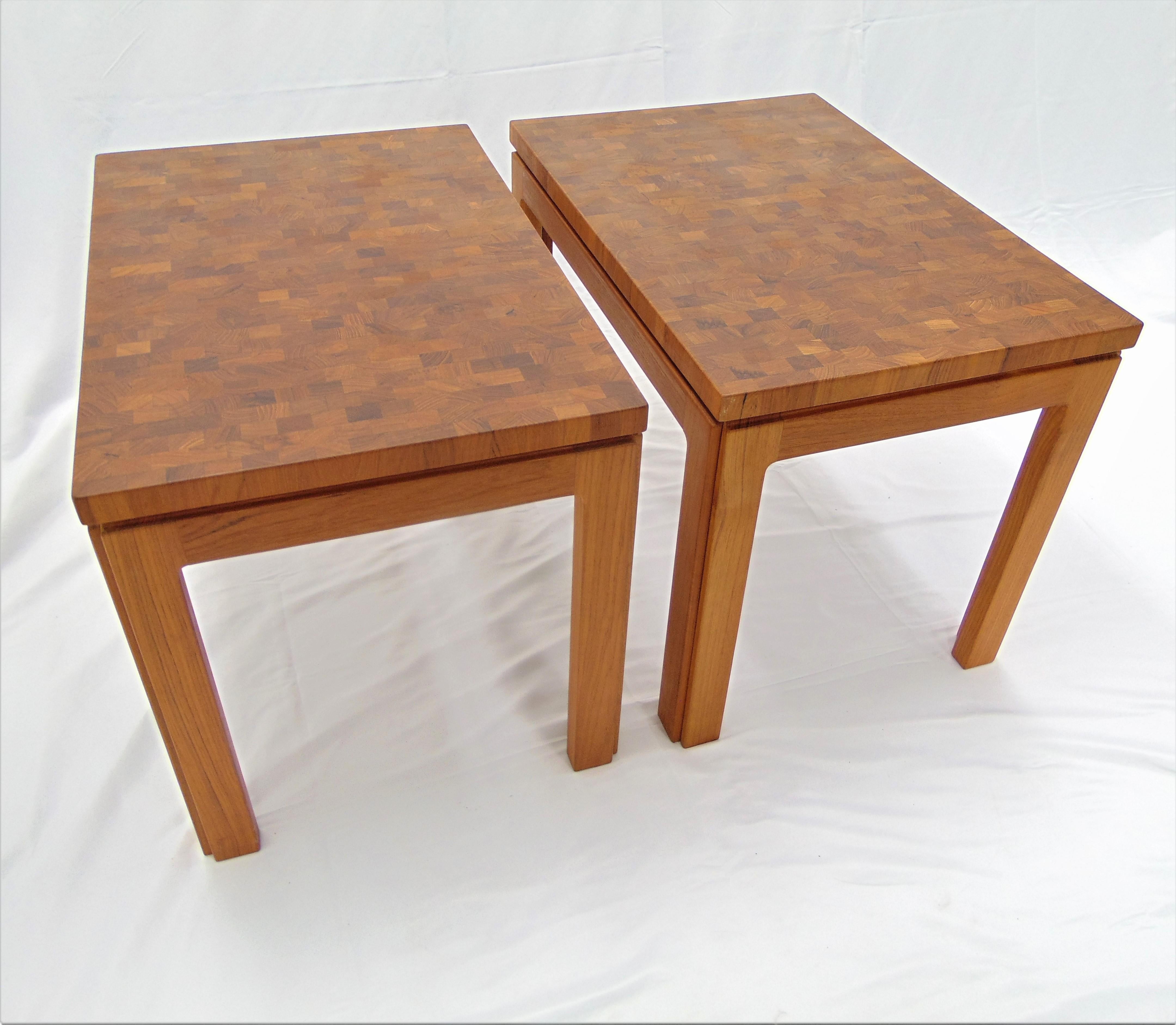 Tarm Stole Denmark Mid Century Teak Parquetry Wood Pair of Side Table In Good Condition For Sale In Tulsa, OK