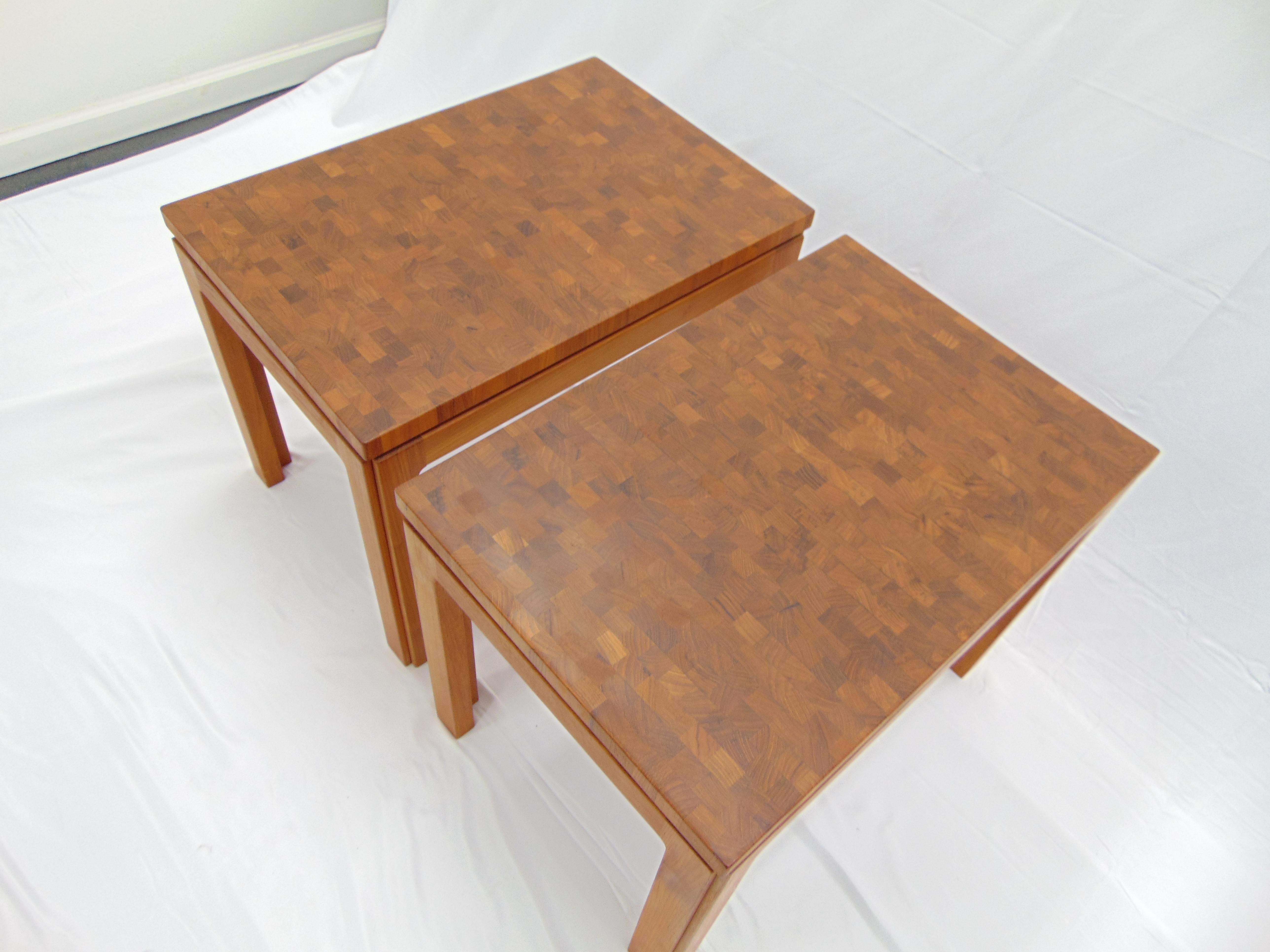 Tarm Stole Denmark Mid Century Teak Parquetry Wood Pair of Side Table For Sale 1