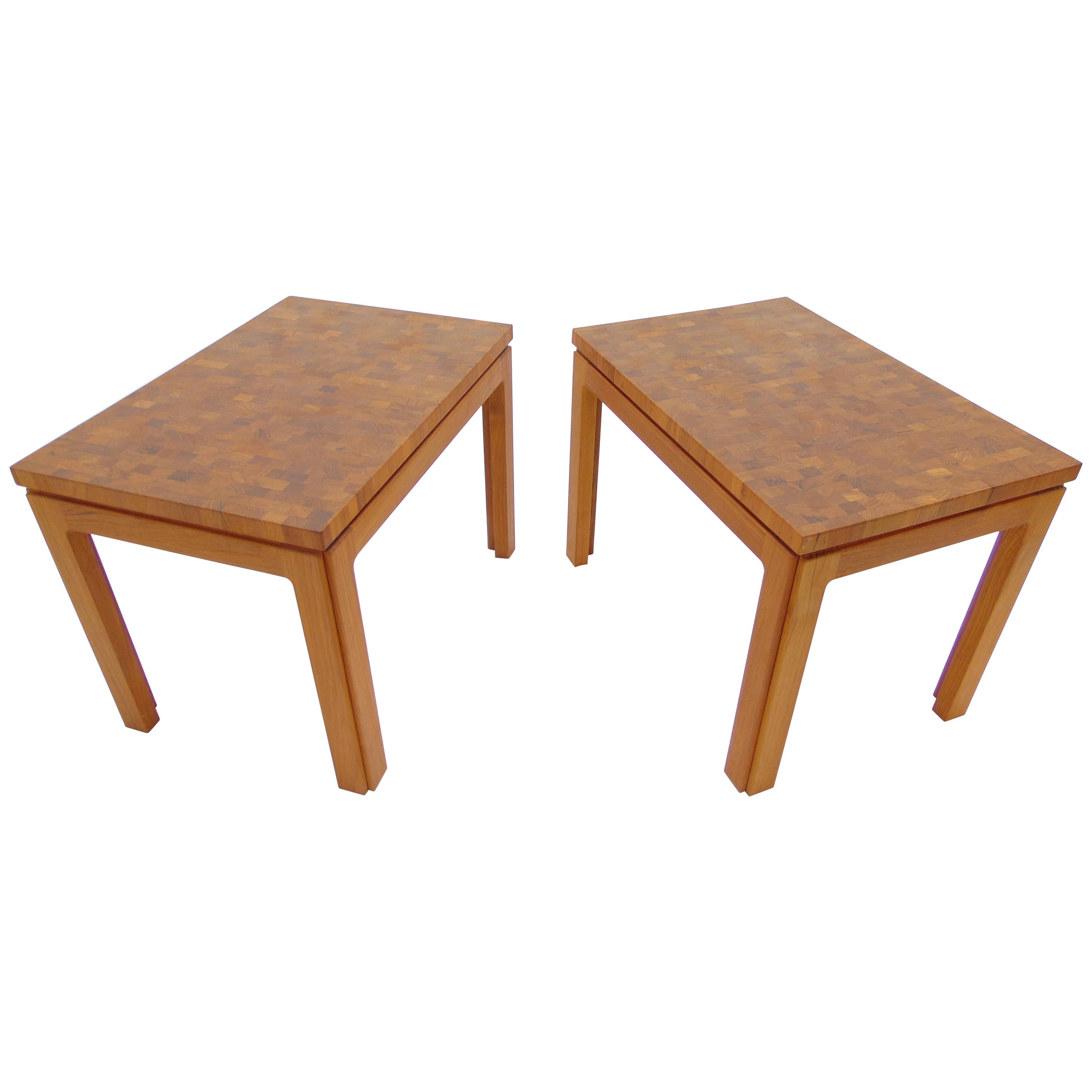 Tarm Stole Denmark Mid Century Teak Parquetry Wood Pair of Side Table For Sale