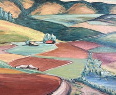 Peinture d'un paysage de champs et de contreforts, signée, 1948