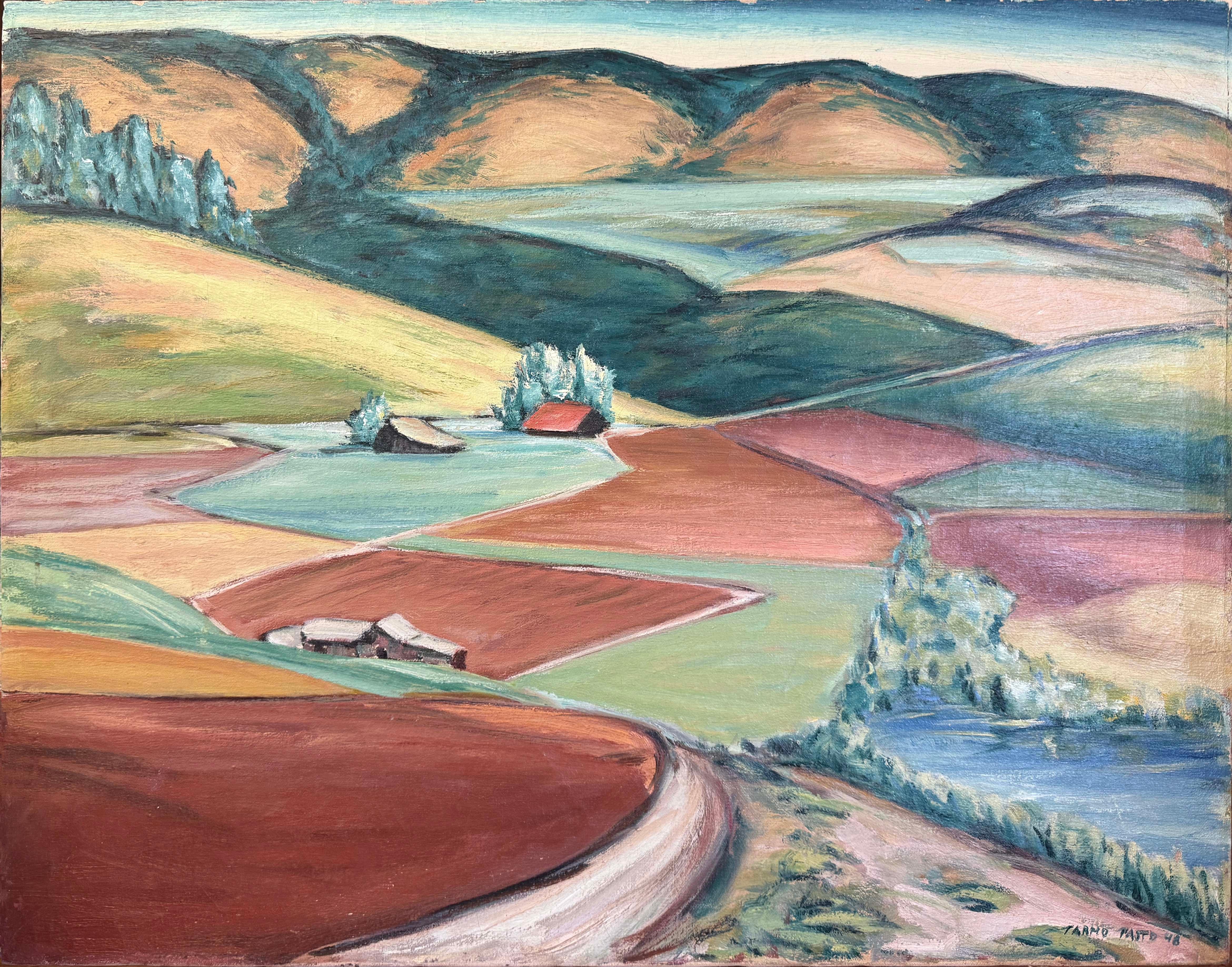 Fields and Foothills Landscape Painting, Signed, 1948
