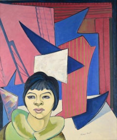 Mid Century Modern Portrait Painting of Woman, Signed, 42x36 Inches