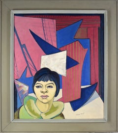 Mid Century Modern Portrait Painting of Woman, Signed, 42x36 Inches