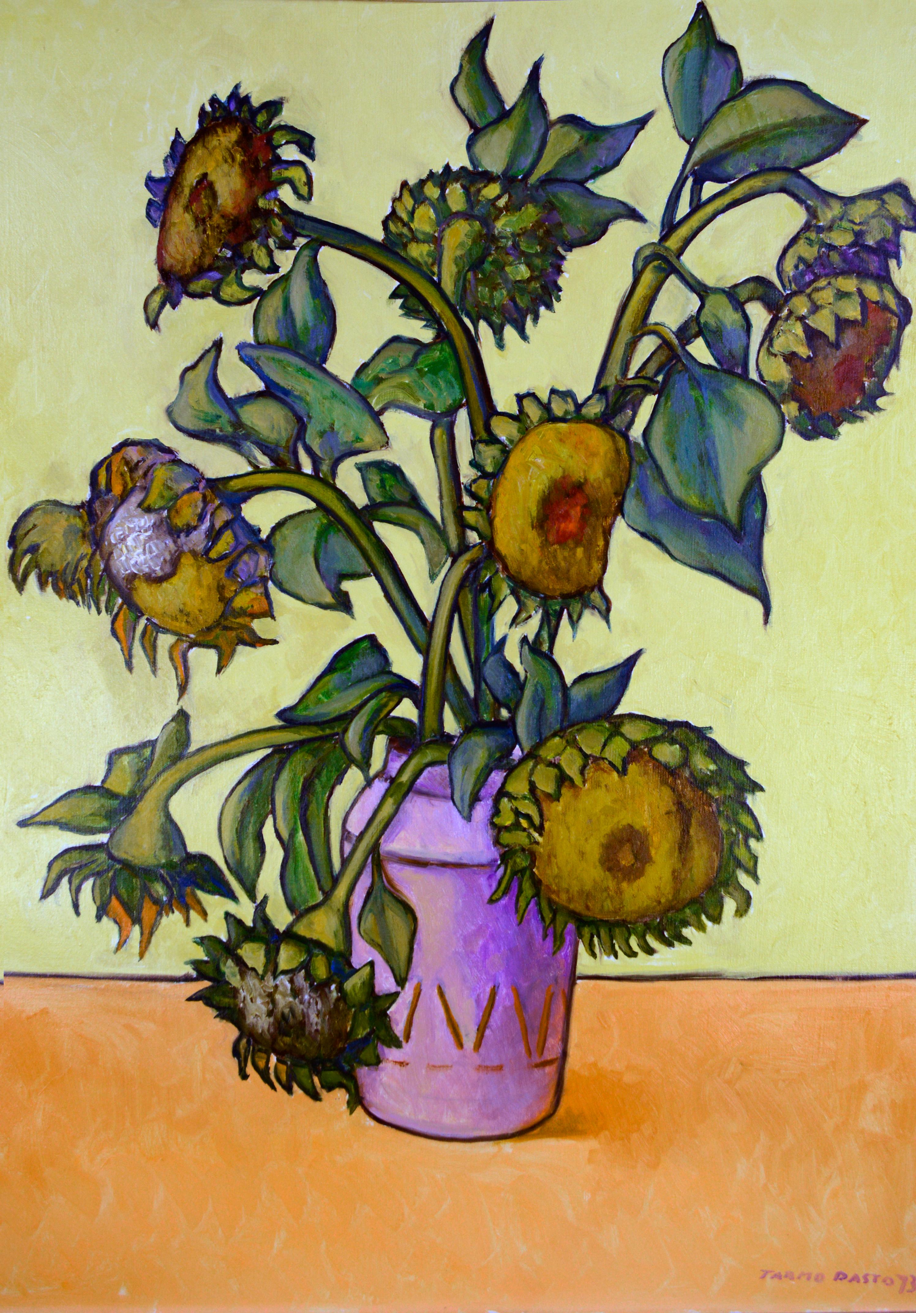 Sunflowers, Large Scale Modernist Floral Bouquet Still-Life by Tarmo Pasto.

A stunning large-scale modernist oil on canvas still-life of sunflowers by Dr. Tarmo Pasto (American, 1906-1986). This modern floral bouquet still-life, painted by Pasto in