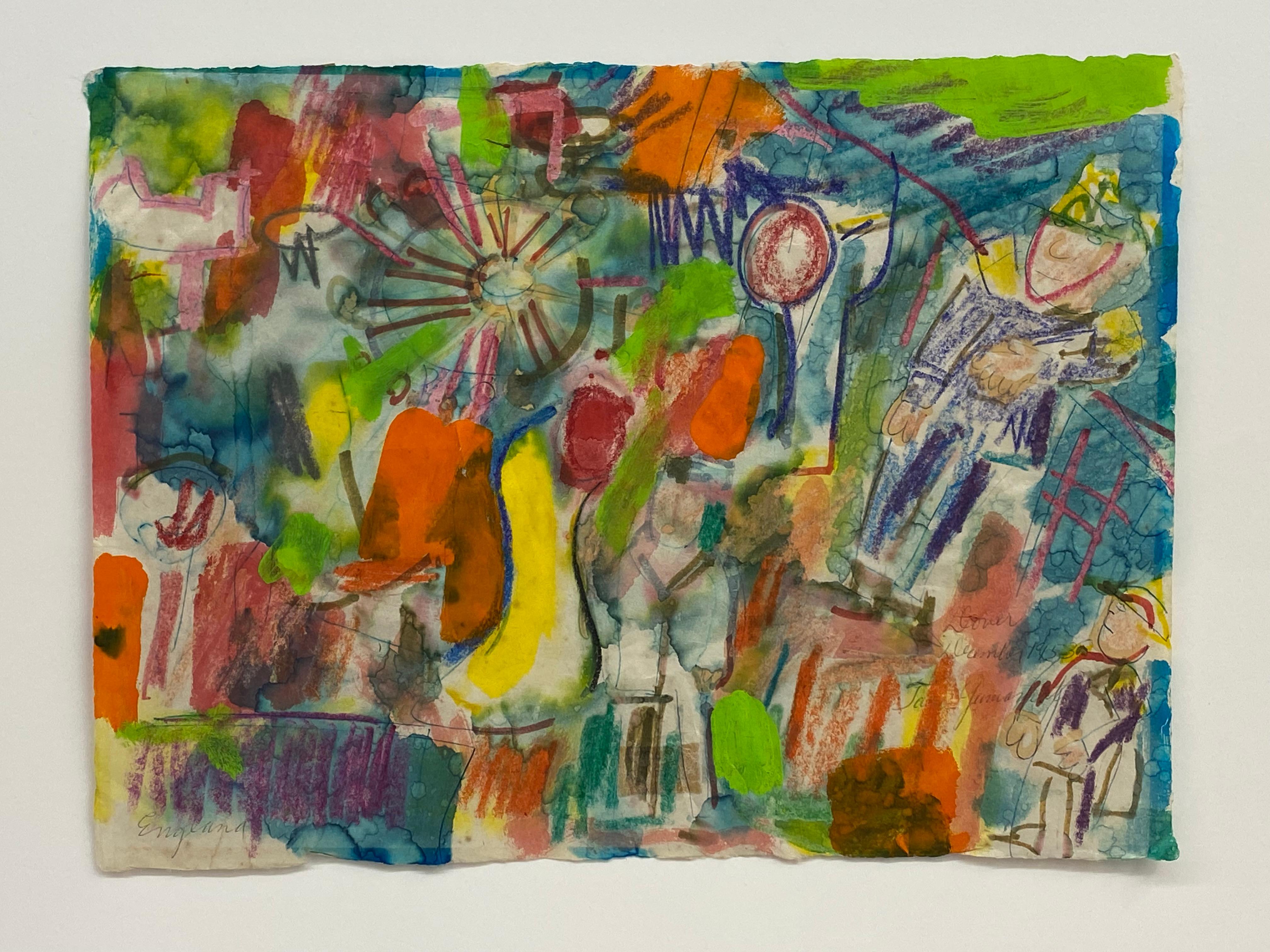 Signiert Taro Yamamoto (1919-1994) abstrakte Mischtechnik (Aquarell und Konterfei oder Pastell) auf Papier. Circa 1953. Eine wunderbare und wild-naive Darstellung mit dem Titel Dover, England. Helle, hoch gesättigte Kakophonie von