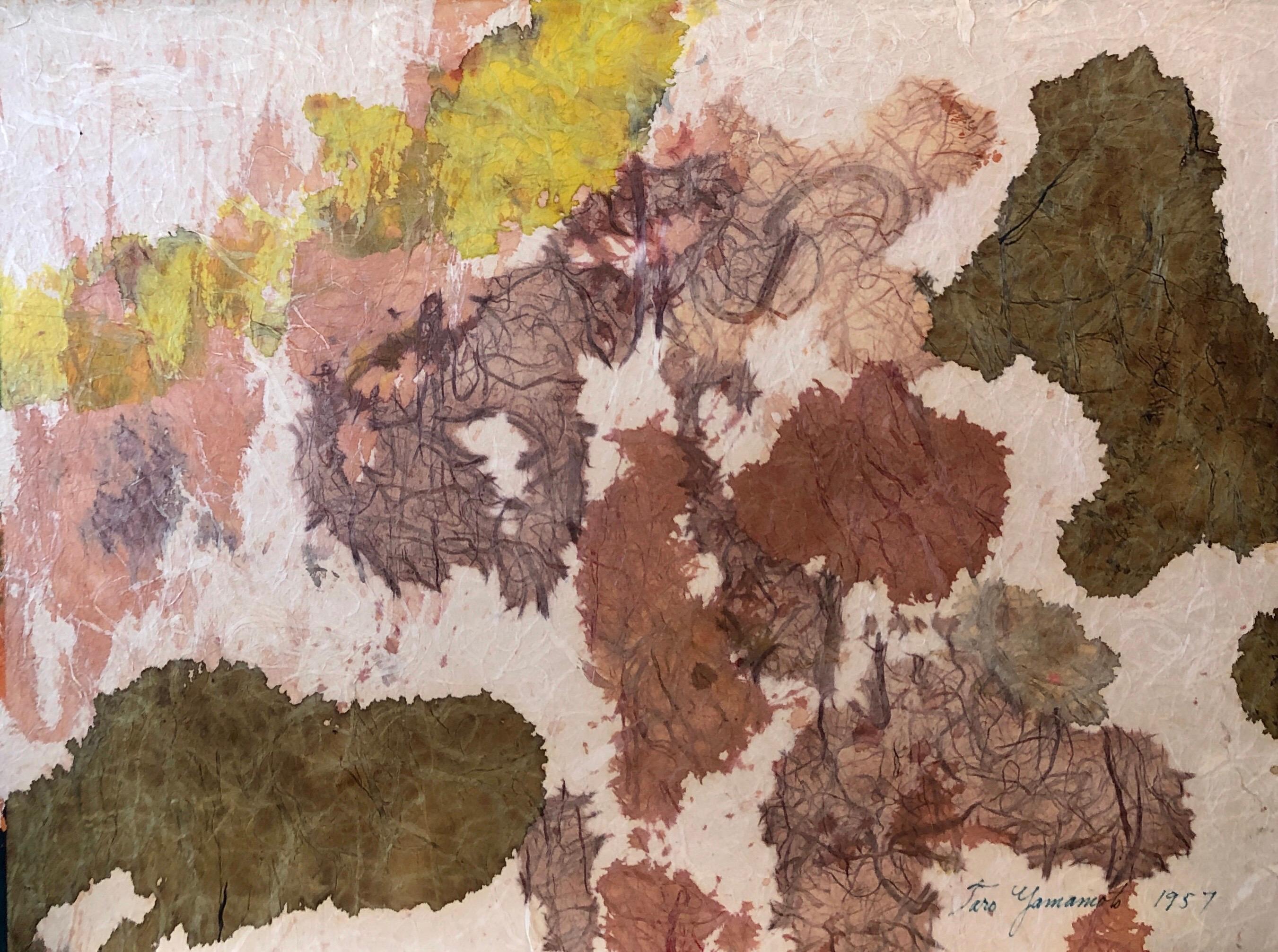 Pittura a tecnica mista espressionista astratta della scuola di New York, realizzata a mano su carta. - Painting di Taro Yamamoto