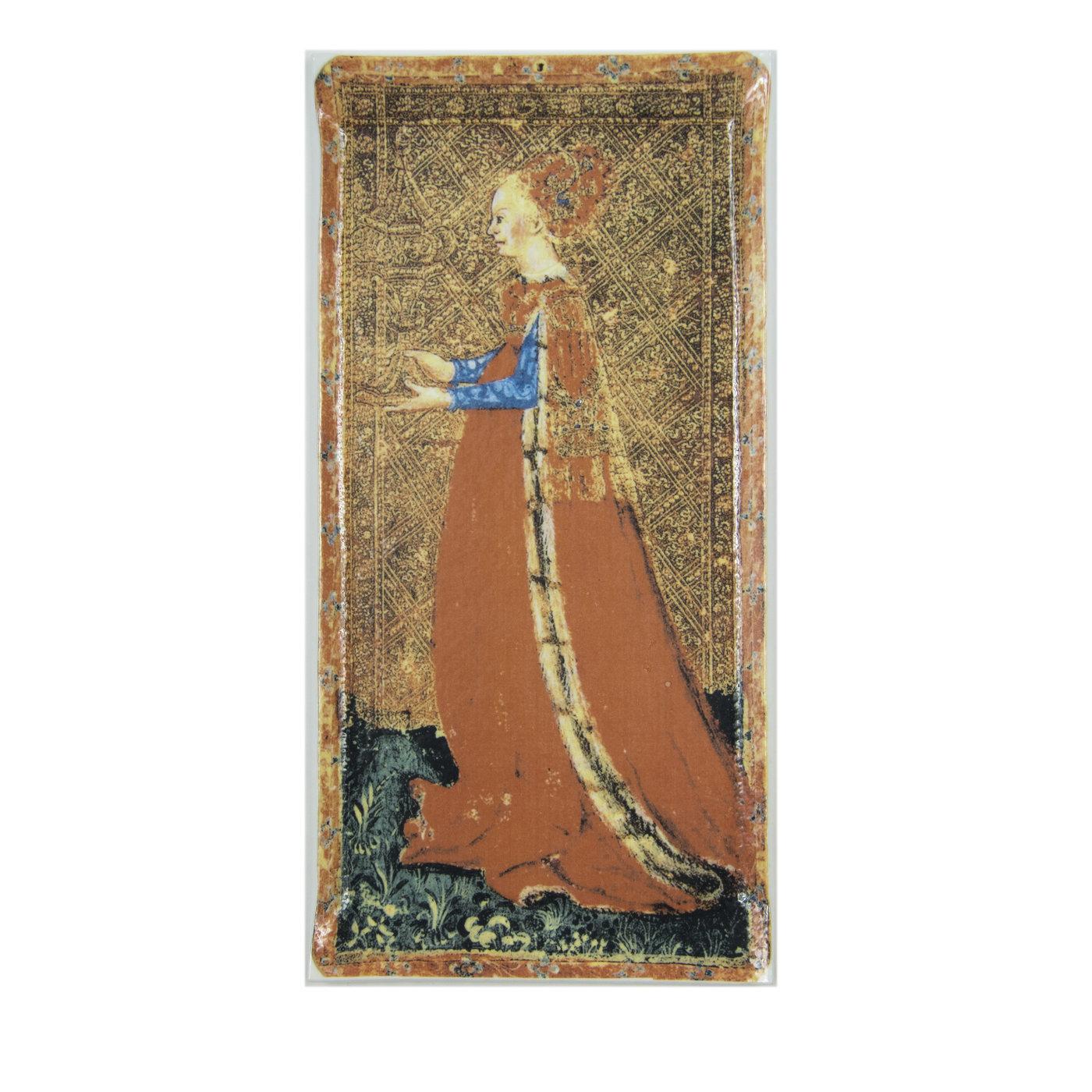Stunning in its simplicity, this Murano glass replica of the medieval tarot card by the Visconti di Modrone will transform any decor with its antique allure. The Queen of Cups, a poetic indicator of a loving master, is represented as an omniscient