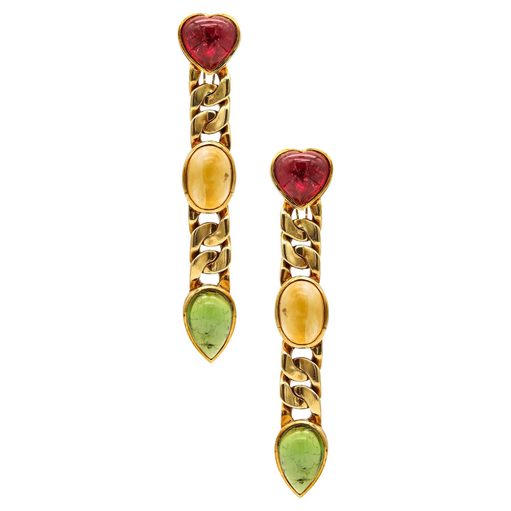 Tarquinius Italian Dangle Drop Earrings 18Kt Yellow Gold 51.75 Ctw Tourmalines For Sale