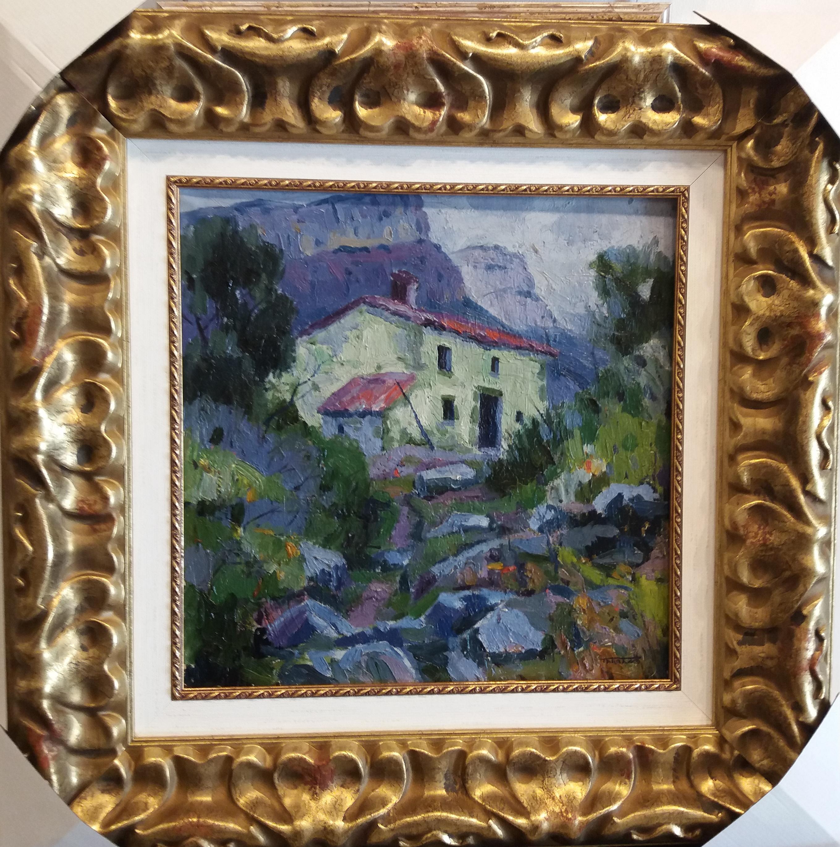Tarrasso. small square. House in the countryside. Original acrylic painting - Painting by TARRASSO, Casimiro