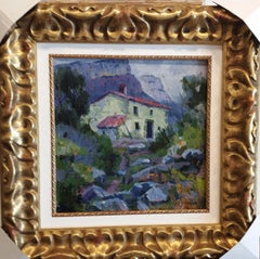 Vintage Tarrasso. small square. House in the countryside. Original acrylic painting