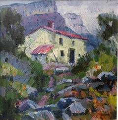 Tarrasso   cuadrado. Casa en el campo. Pintura acrílica original