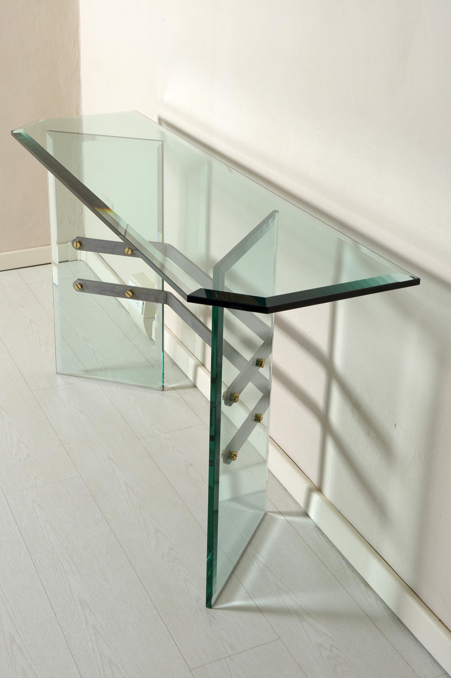 Mid-Century Modern Tarsia Midcentury Italian Beveled and Grooved Thick Glass Console Metal Details