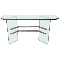 Tarsia Midcentury Italian Beveled and Grooved Thick Glass Console Metal Details