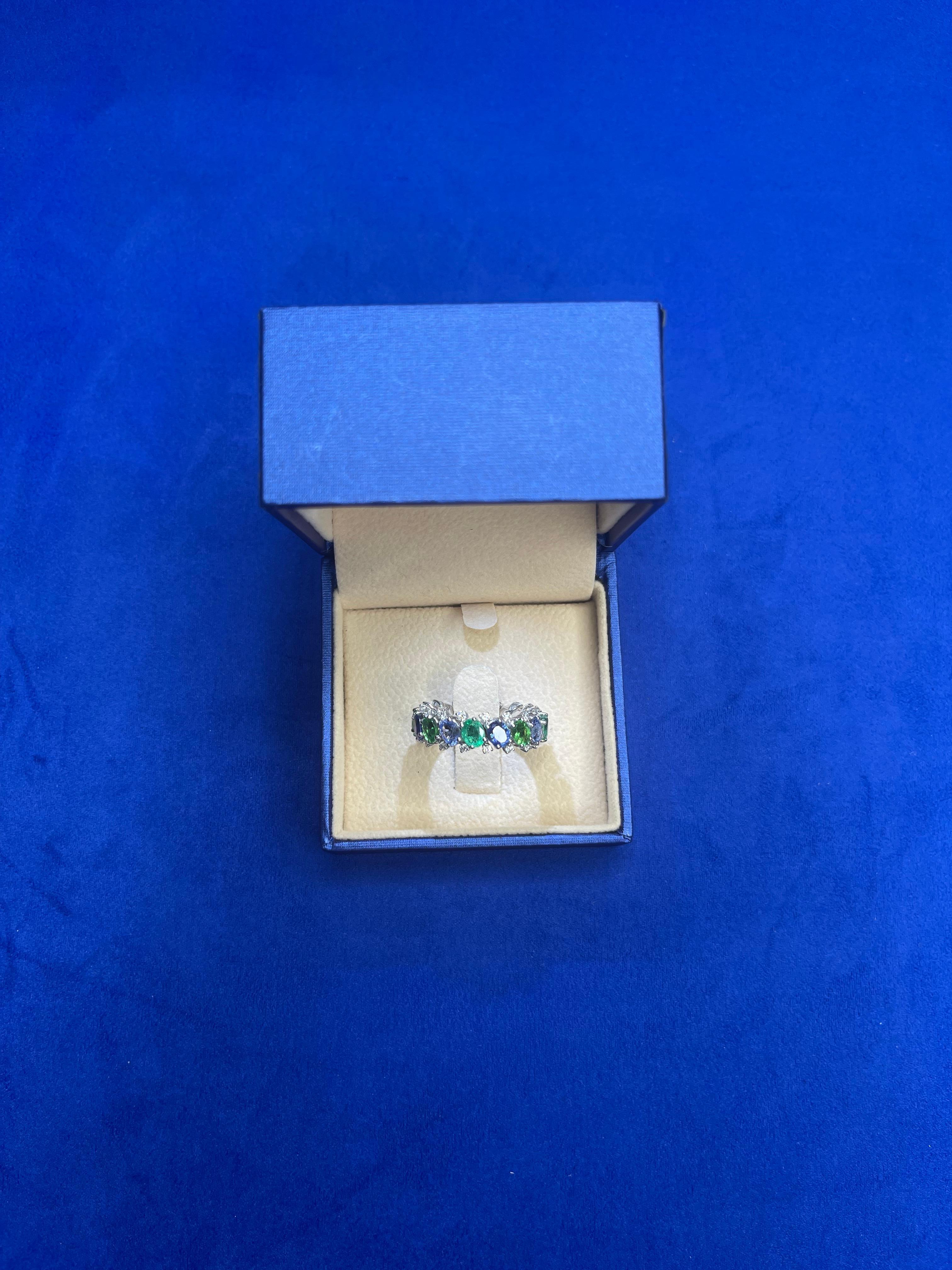 Diamond Emerald Sapphire Tsavorite Flexible Unique Eternity Band White Gold Ring For Sale 6