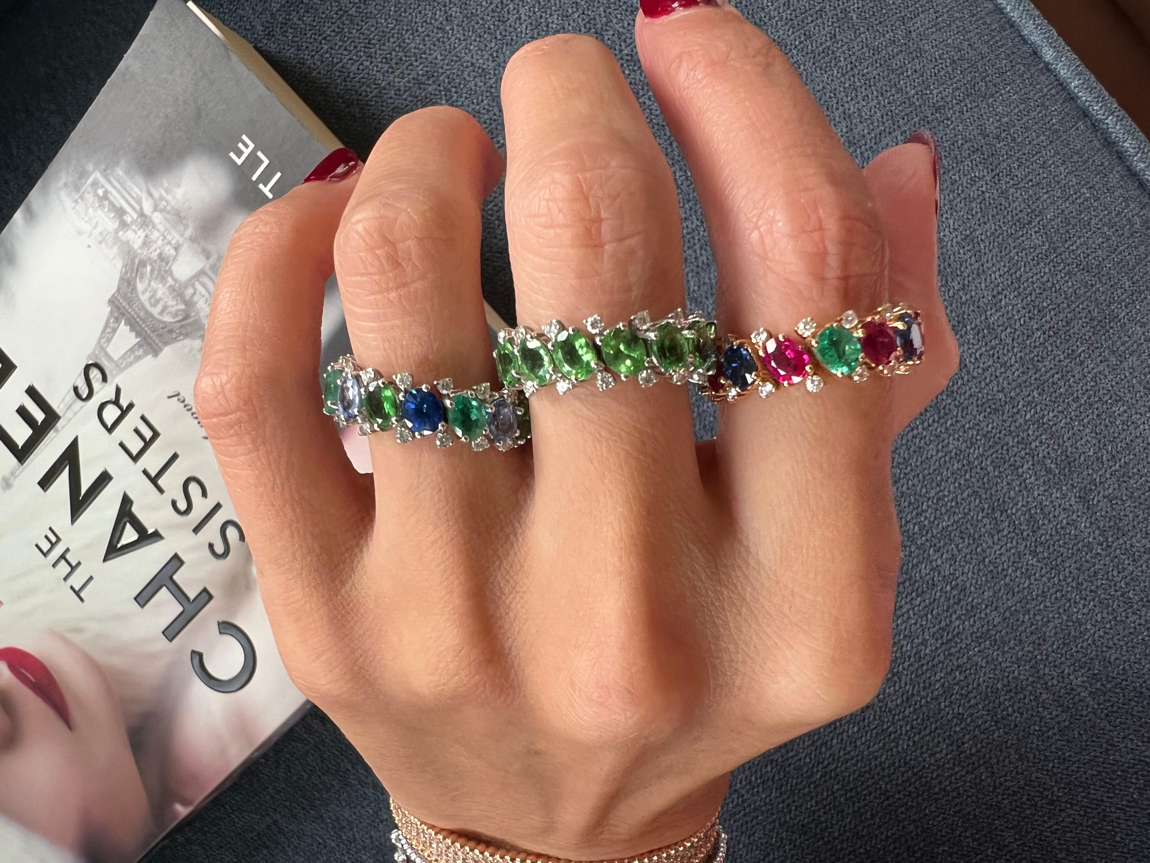 Diamond Emerald Sapphire Tsavorite Flexible Unique Eternity Band White Gold Ring For Sale 10