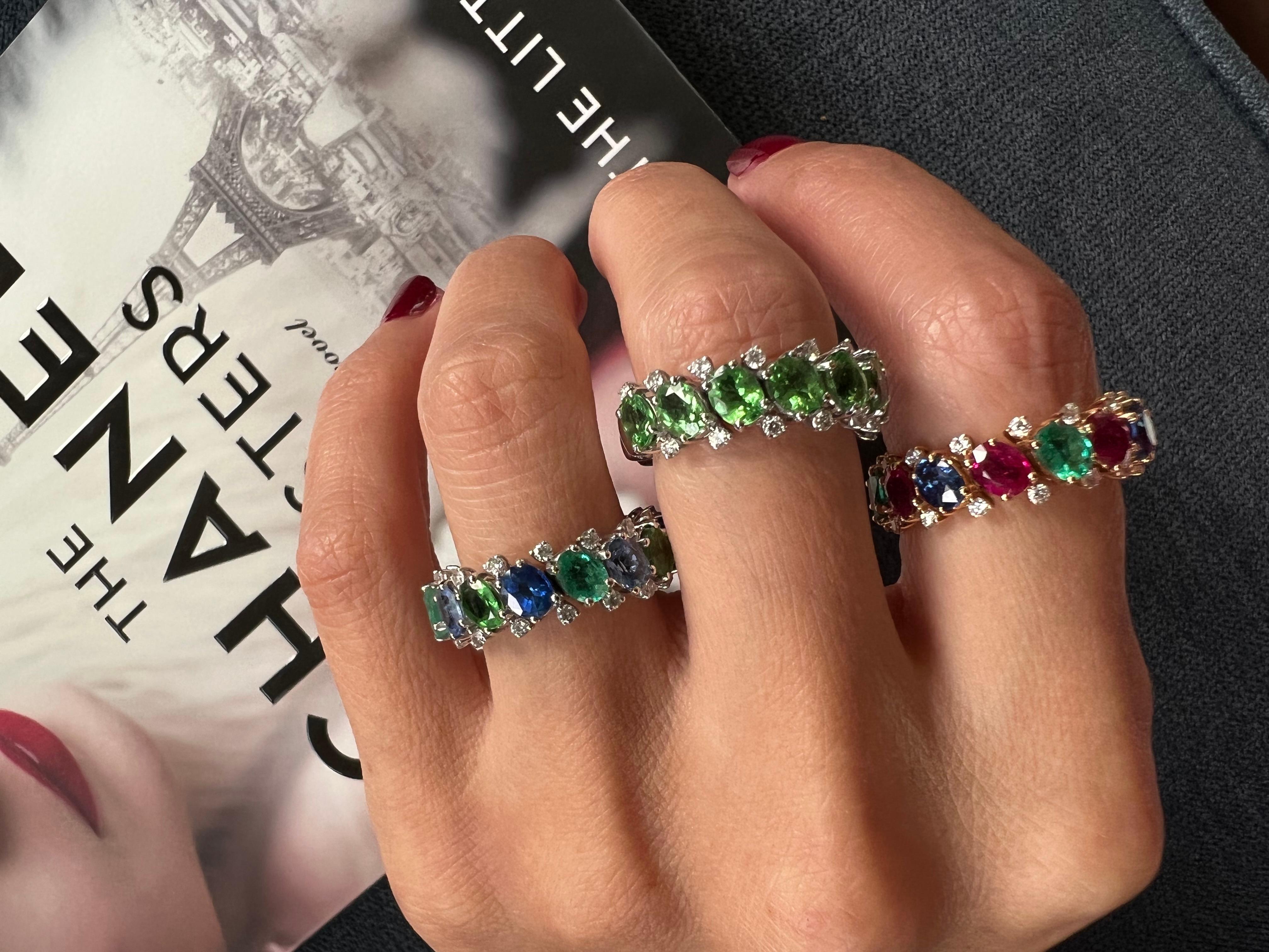 Diamond Emerald Sapphire Tsavorite Flexible Unique Eternity Band White Gold Ring For Sale 11