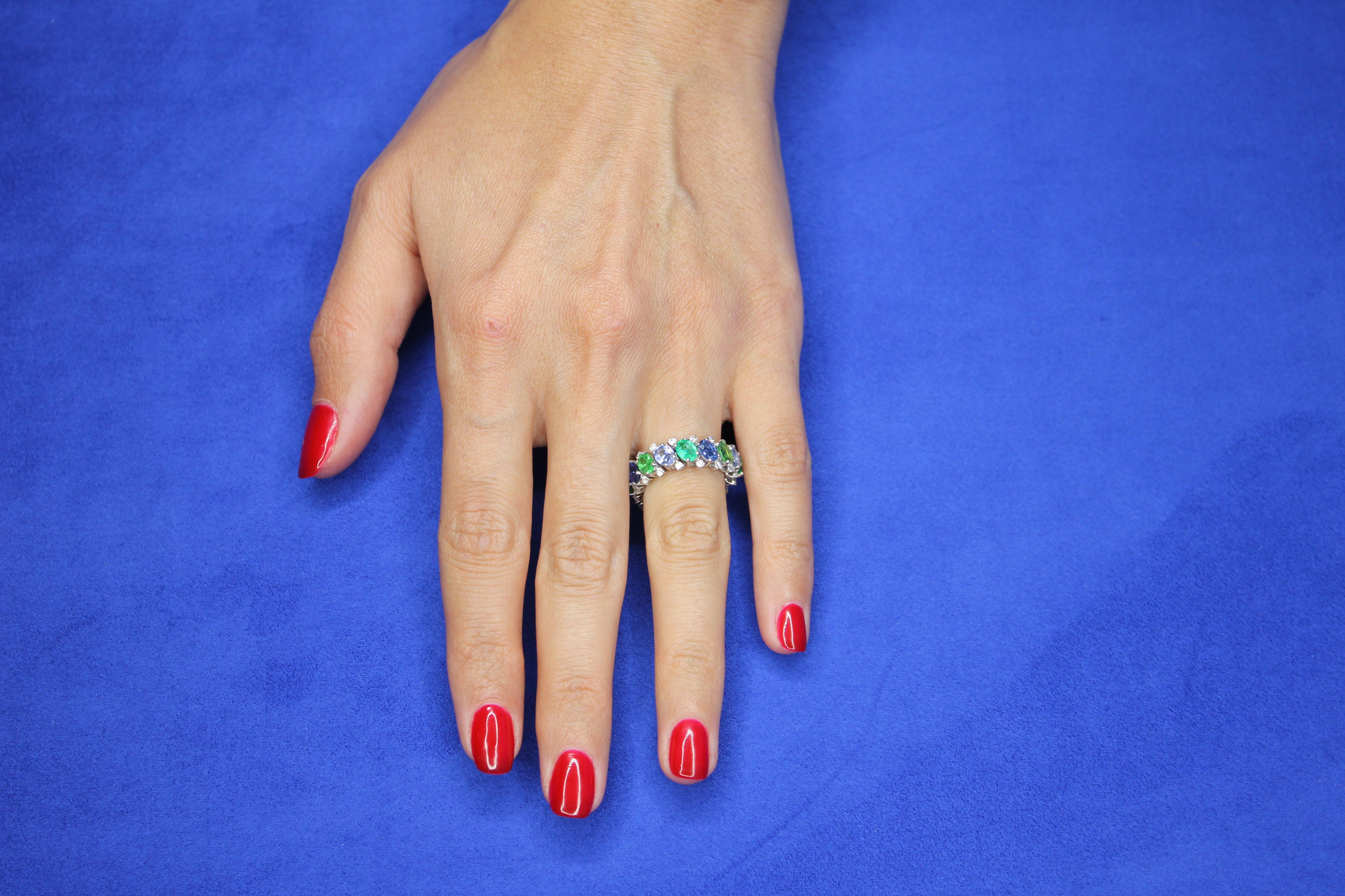 Diamond Emerald Sapphire Tsavorite Flexible Unique Eternity Band White Gold Ring For Sale 7