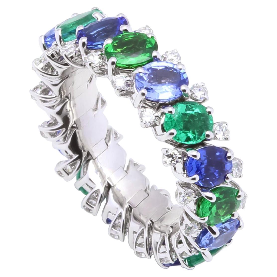 Diamond Emerald Sapphire Tsavorite Flexible Unique Eternity Band White Gold Ring For Sale