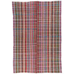 Vintage Tartan Design Colorful Anatolian Kilim Rug