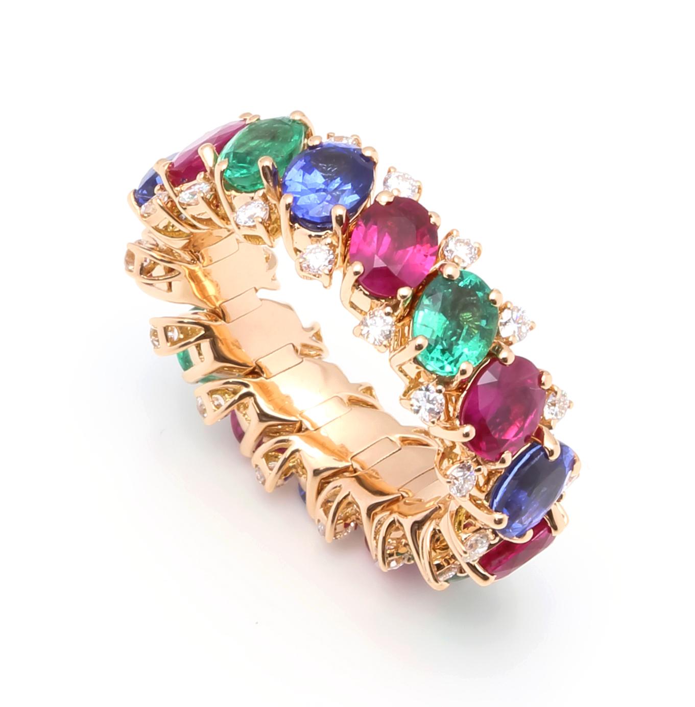 Tartan Classic Colors Ring

Diamond Red Ruby Emerald Blue Sapphire Flexible Eternity Band 18K Rose Gold Ring

The multicolor Designs inspired by tartan colours (e.g. Chatham, Royal Stewart Tartan). Originally inspired by Shades of tartan, colour