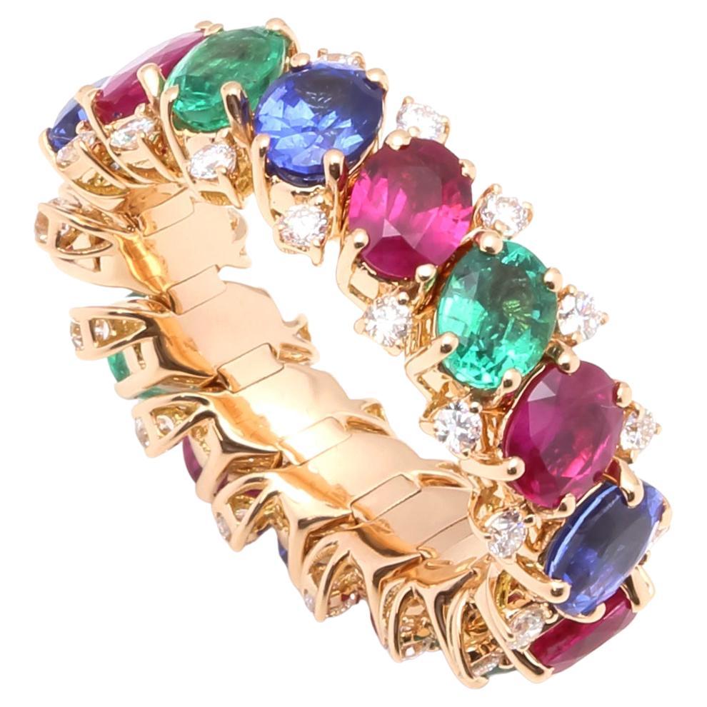 Diamond Red Ruby Emerald Blue Sapphire Flexible Eternity Band 18K Rose Gold Ring