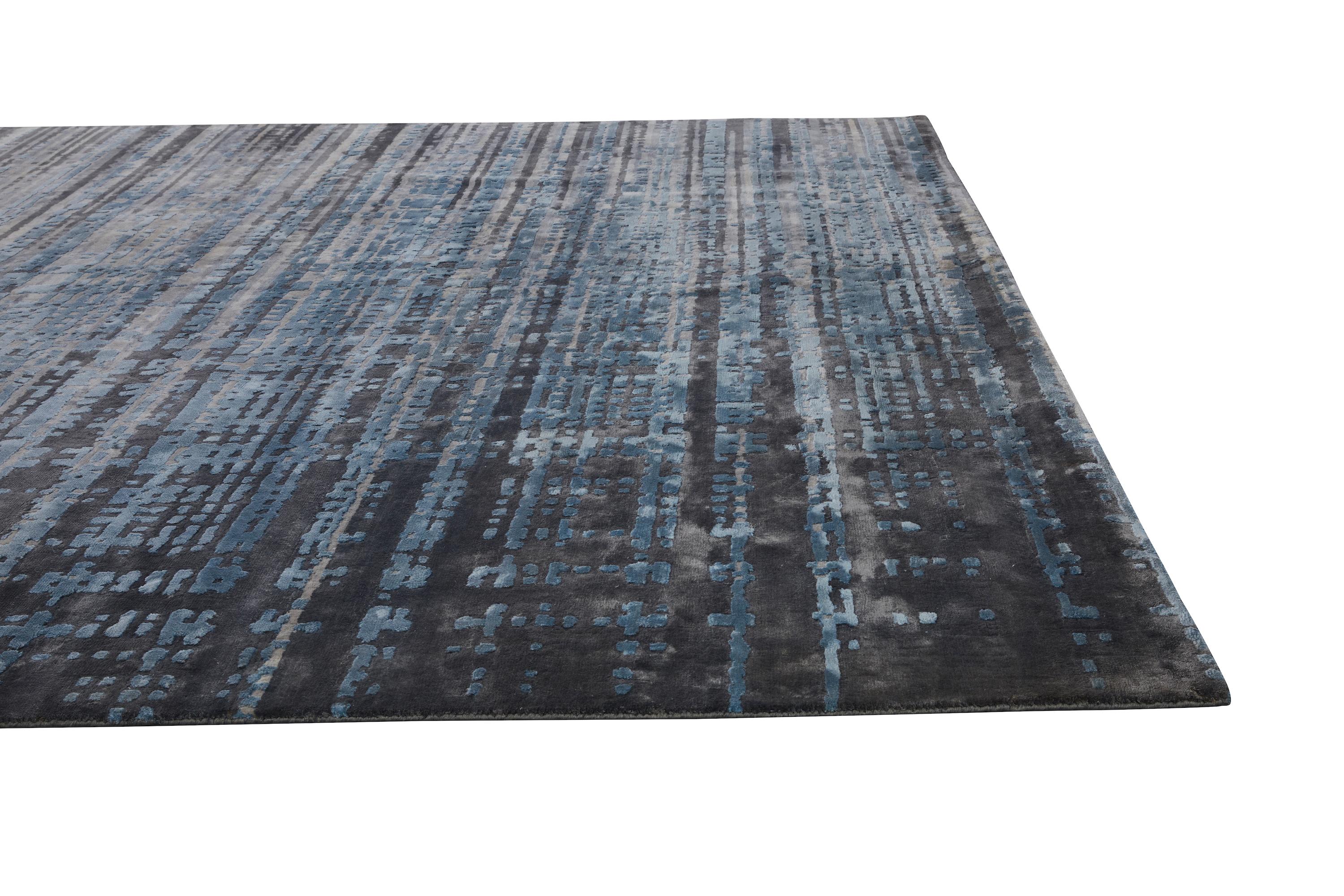 TARTAN Hand Knotted Contemporary Silk Rug in Blue and Gold Colours by Hands For Sale 2