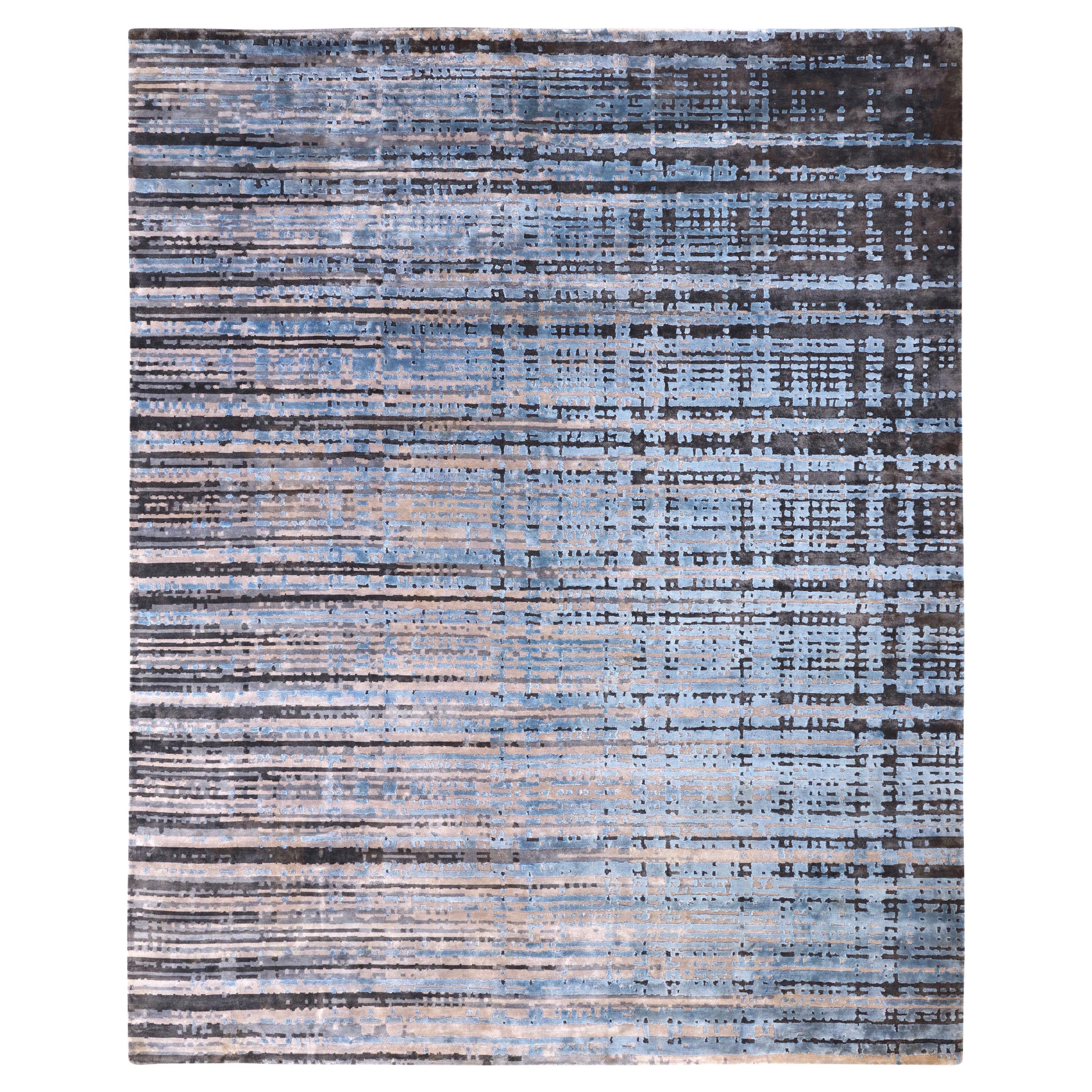 TARTAN Hand Knotted Contemporary Silk Rug in Blue and Gold Colours by Hands