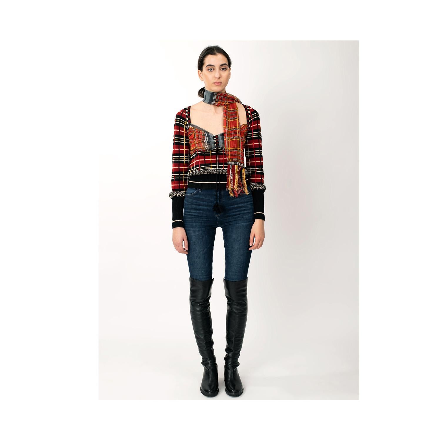 Jean Paul Gaultier Maille red tartan knit top with scarf.