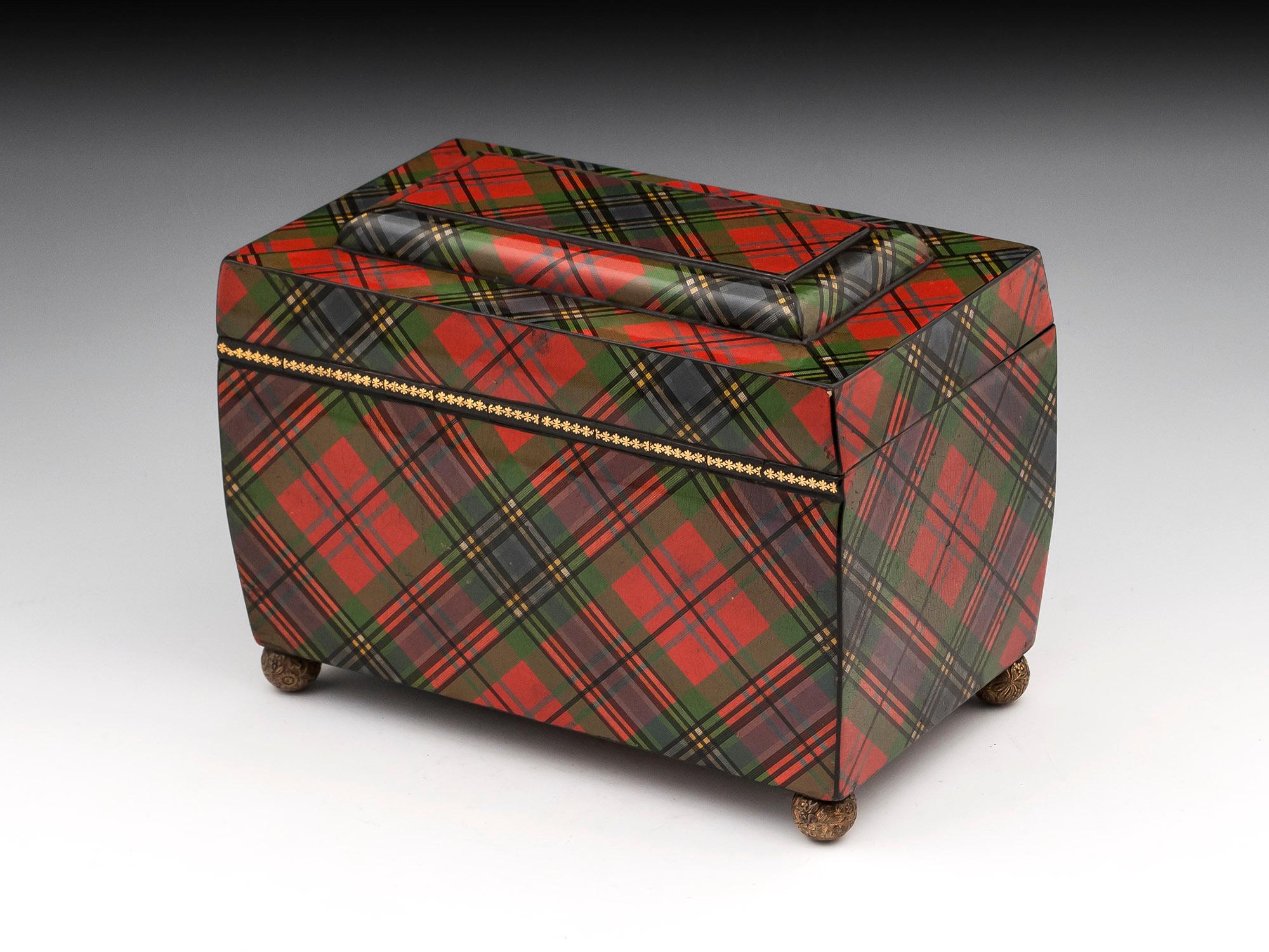 Tartan Ware McLean Antique Tea Caddy Brass Ball Feet, 19th Century In Good Condition For Sale In Northampton, United Kingdom