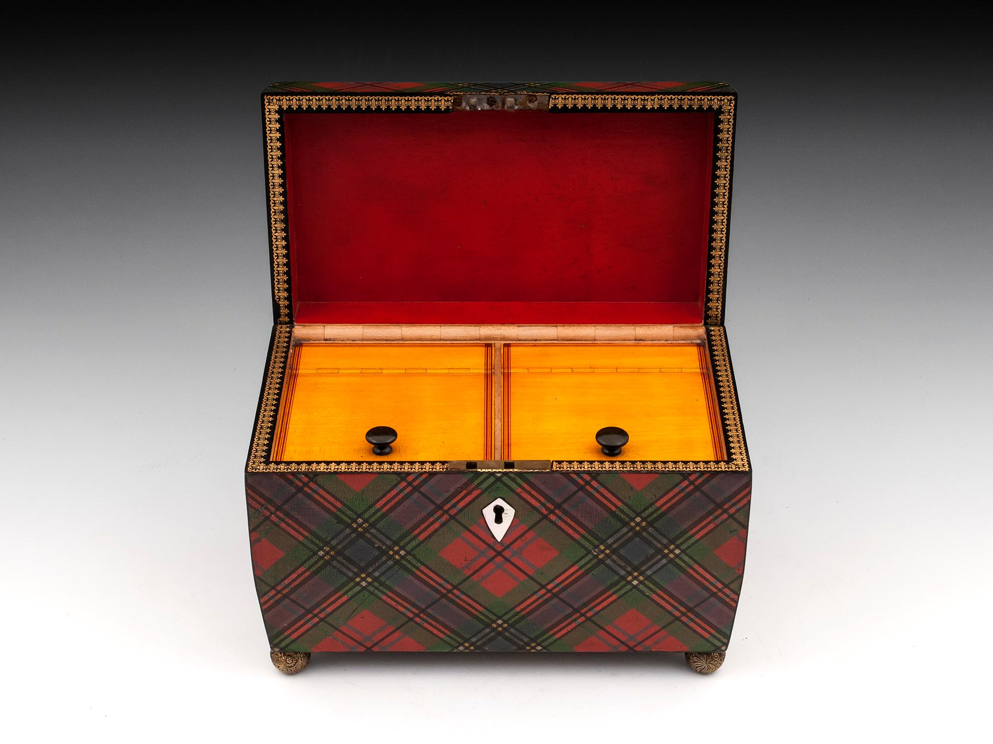 Mother-of-Pearl Tartan Ware McLean Antique Tea Caddy Brass Ball Feet, 19th Century For Sale