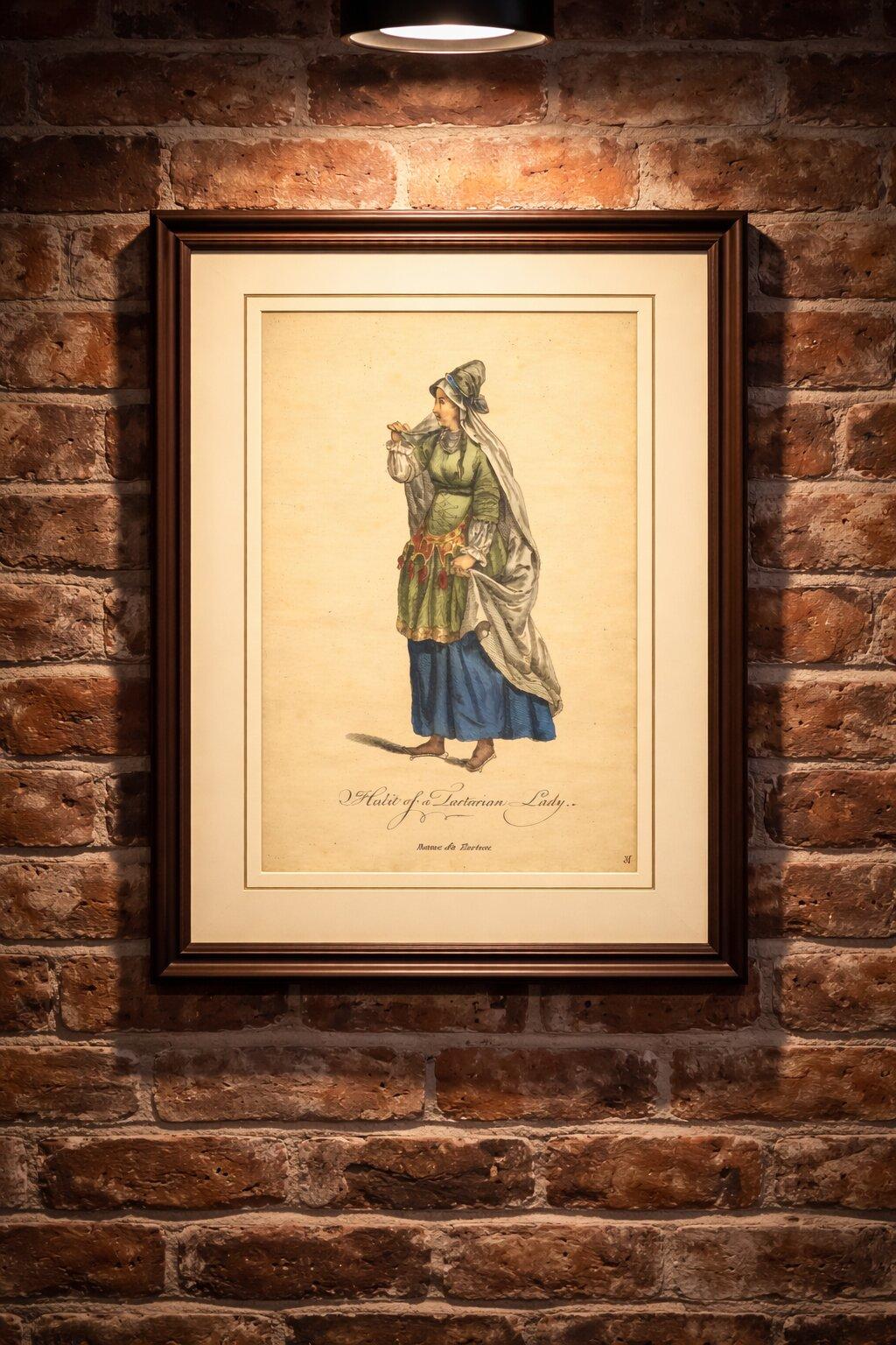 Tartar Princess Costume Study, Elegant Hand-Colored Engraving, 1749