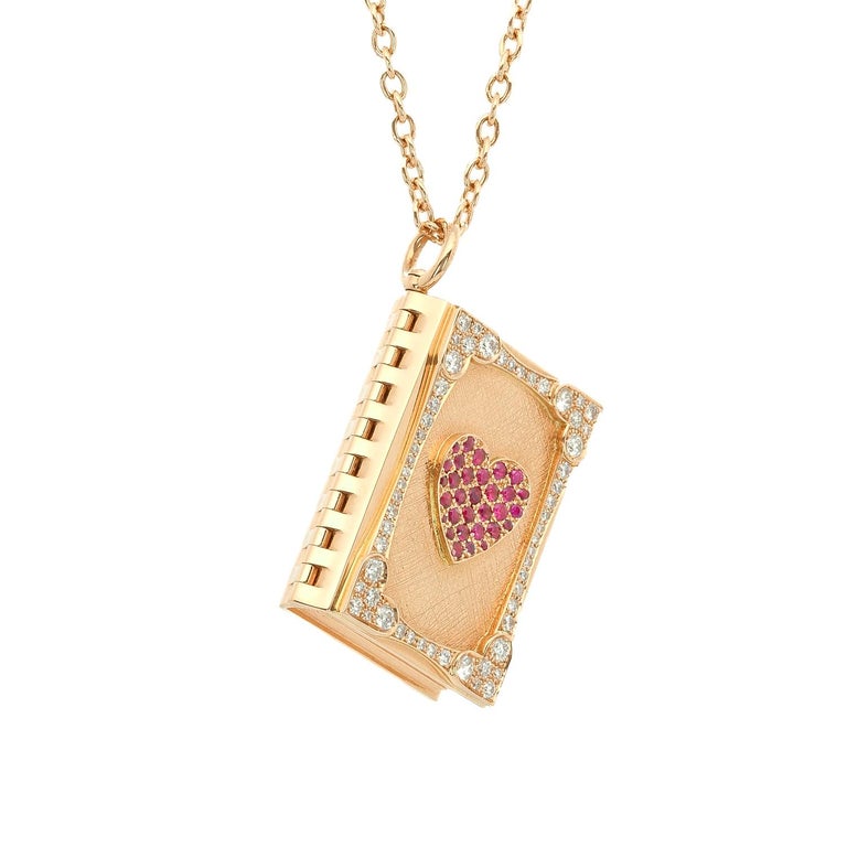 Taru Jewelry Book of Hearts Diamond Ruby Rose Gold Necklace For Sale at