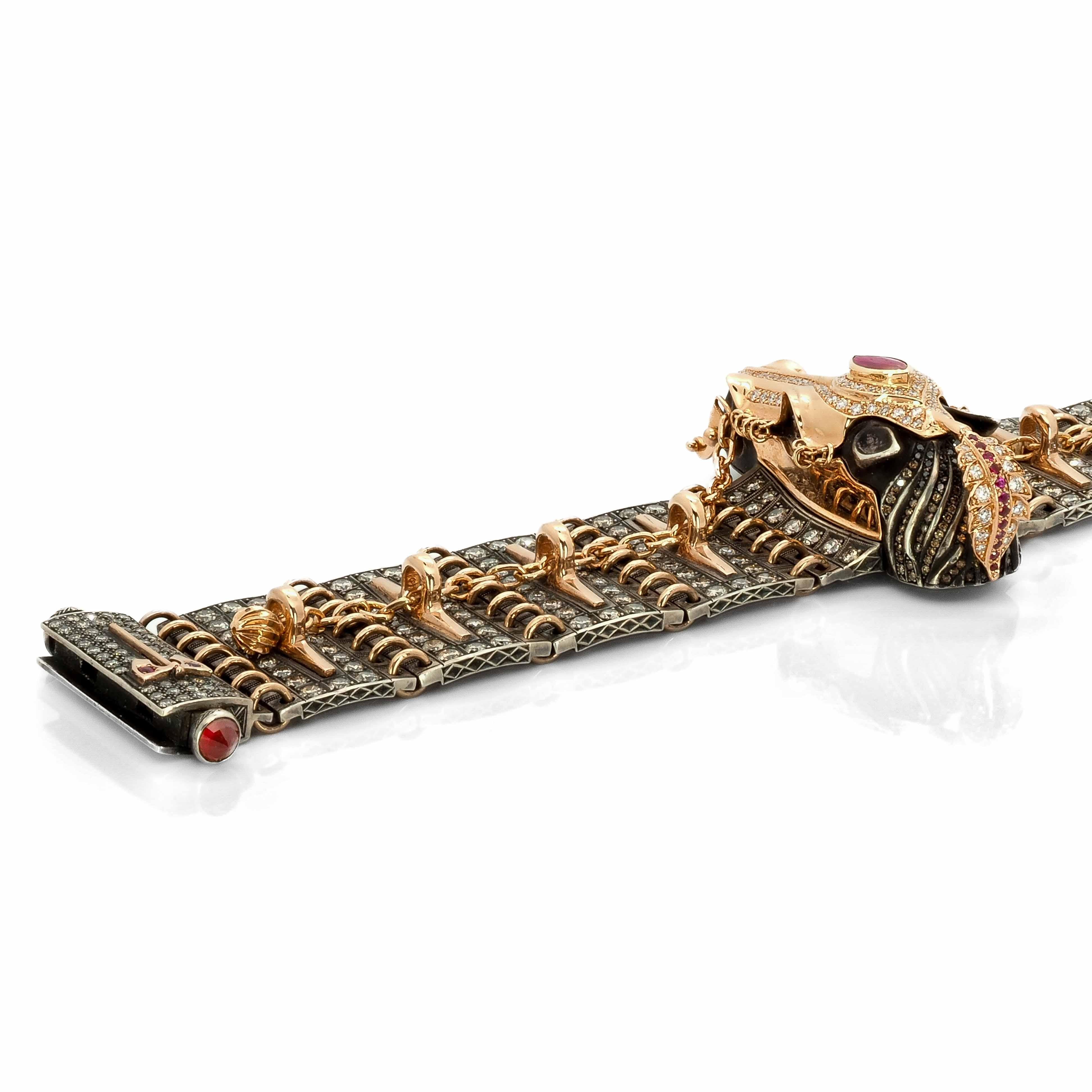 Taru Jewelry Ceremonial Horse Diamond Ruby Rose Gold and Silver Bracelet In New Condition For Sale In Boca Raton, FL
