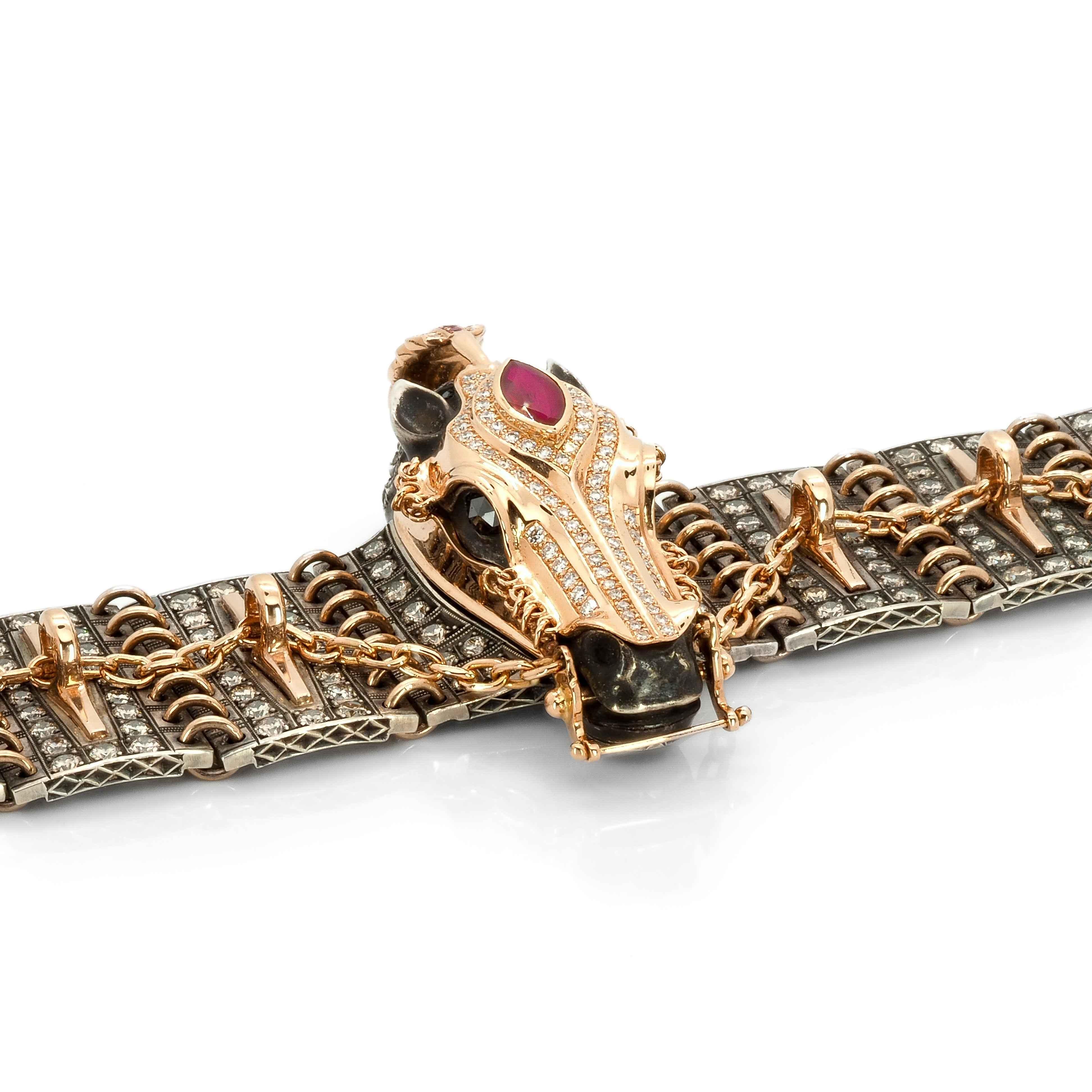 Women's Taru Jewelry Ceremonial Horse Diamond Ruby Rose Gold and Silver Bracelet For Sale