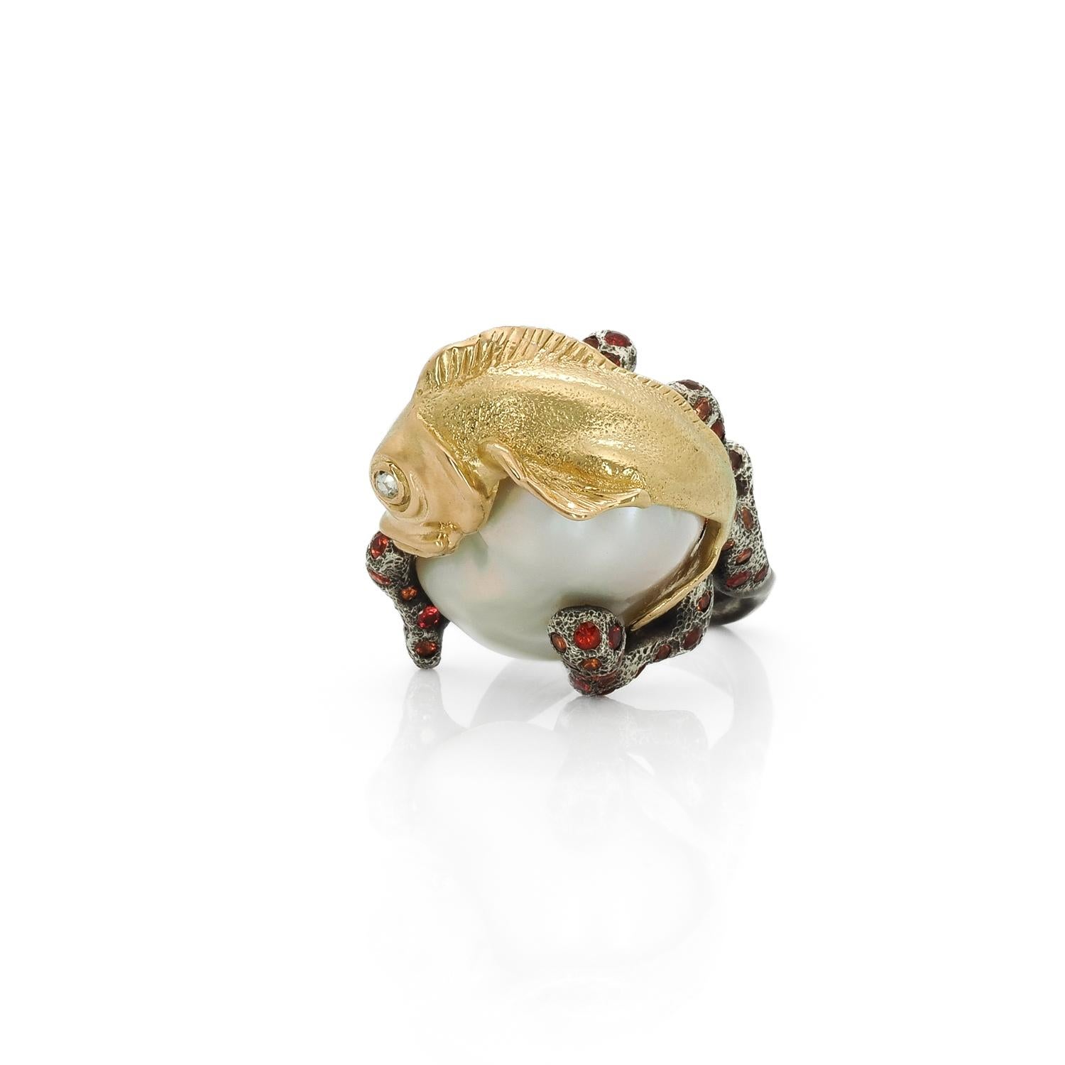 Contemporary Taru Jewelry Coral Fish Pearl Sapphire Diamond Yellow Gold and Silver Ring For Sale