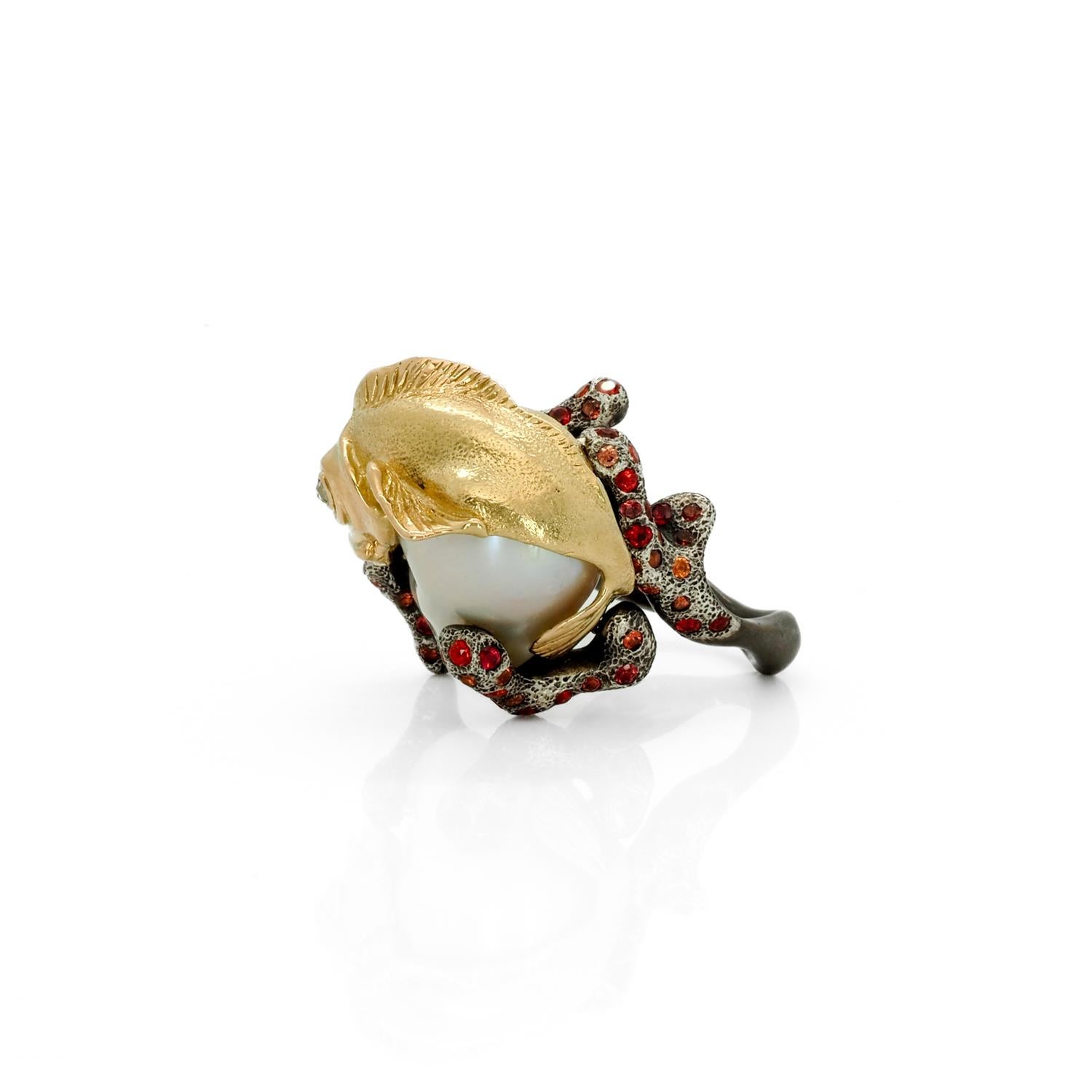 Round Cut Taru Jewelry Coral Fish Pearl Sapphire Diamond Yellow Gold and Silver Ring For Sale