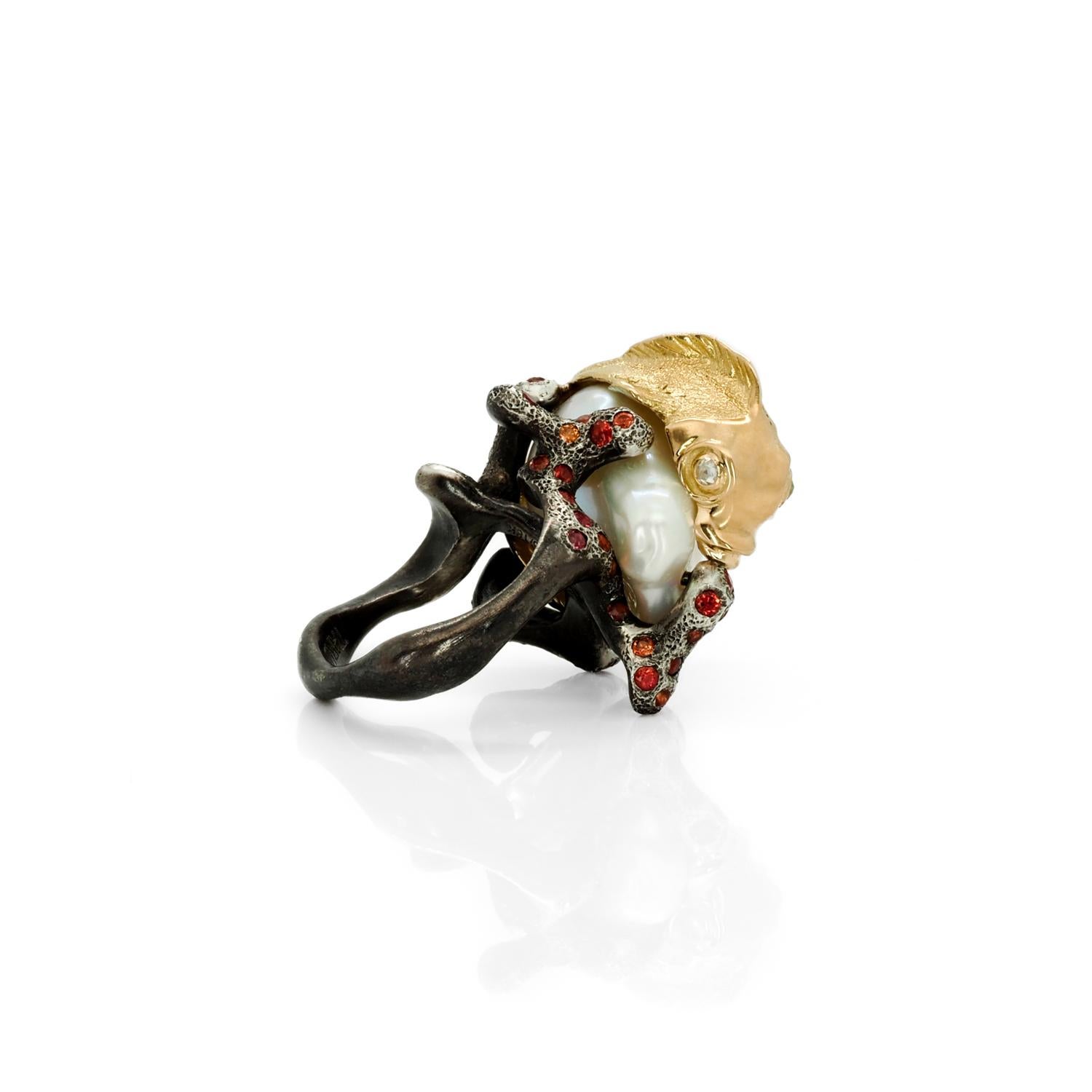 Taru Jewelry Coral Fish Pearl Sapphire Diamond Yellow Gold and Silver Ring In New Condition For Sale In Boca Raton, FL